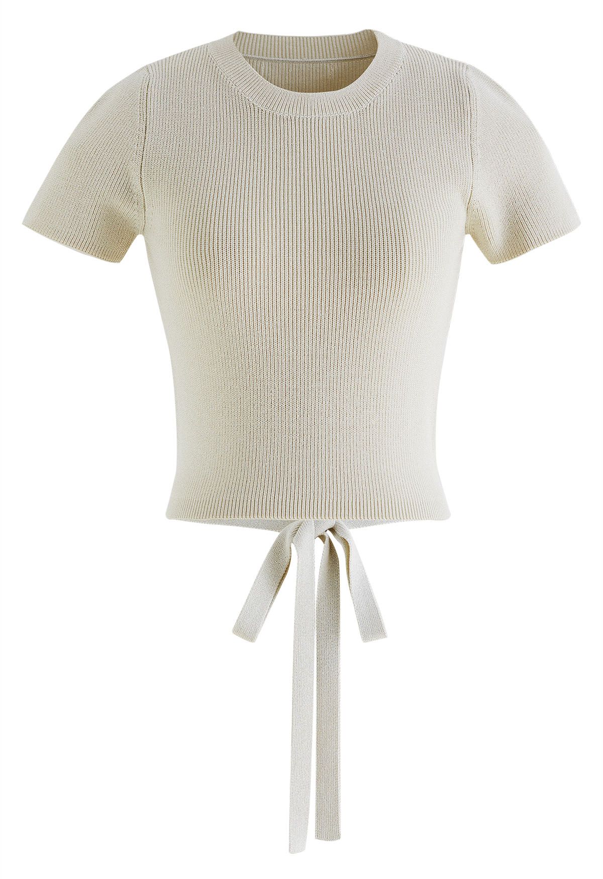 Tie-Back Hi-Lo Knit Crop Top in Ivory