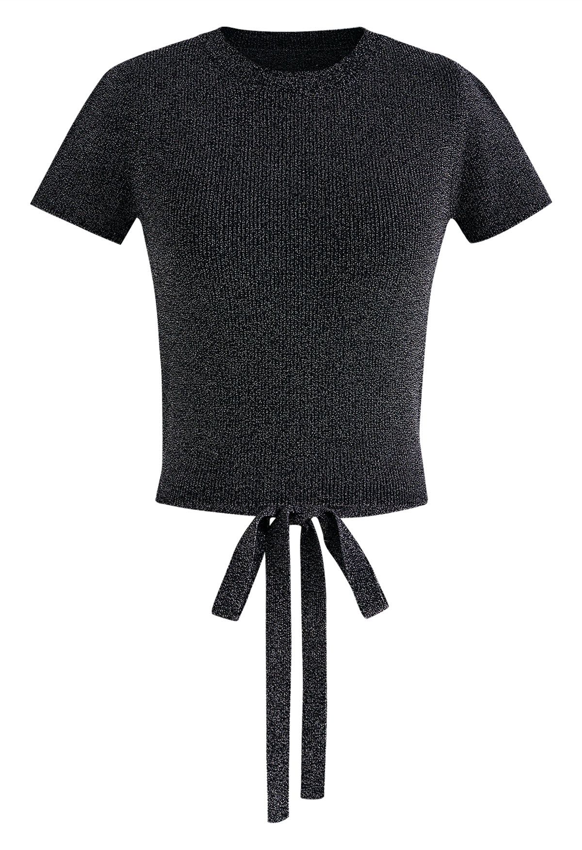 Tie-Back Hi-Lo Knit Crop Top in Black