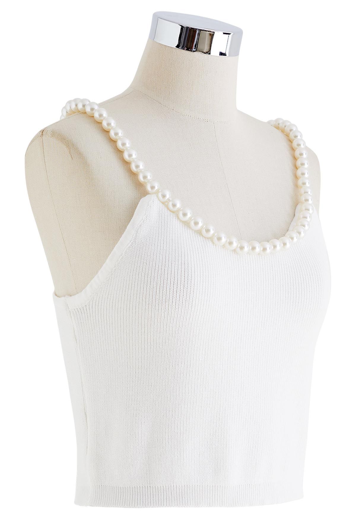 Beaded Strap Knit Crop Top in White