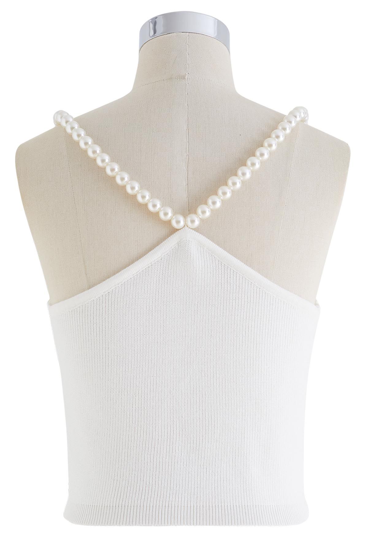 Beaded Strap Knit Crop Top in White