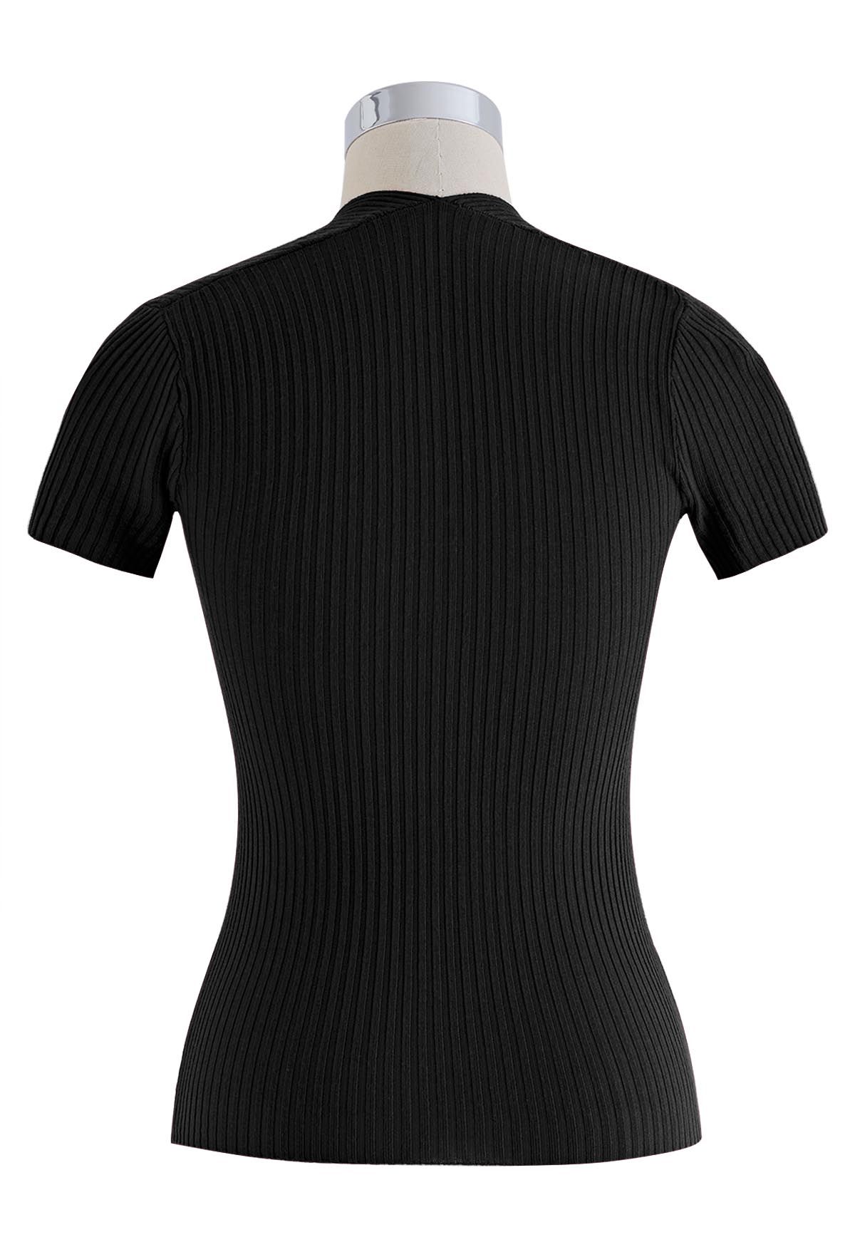 Square Neckline Ribbed Knit Top in Black