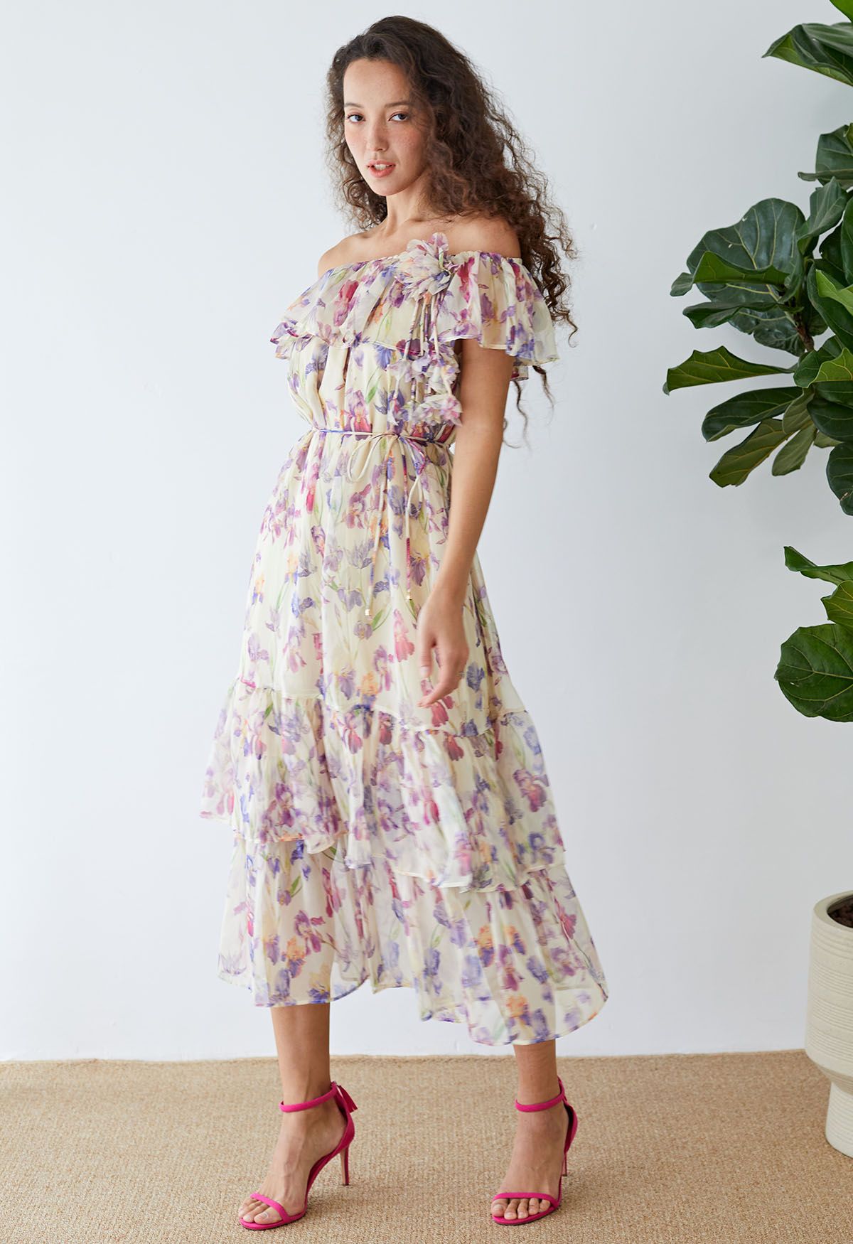 Floral Print Off-Shoulder Tiered Chiffon Dress in Lilac