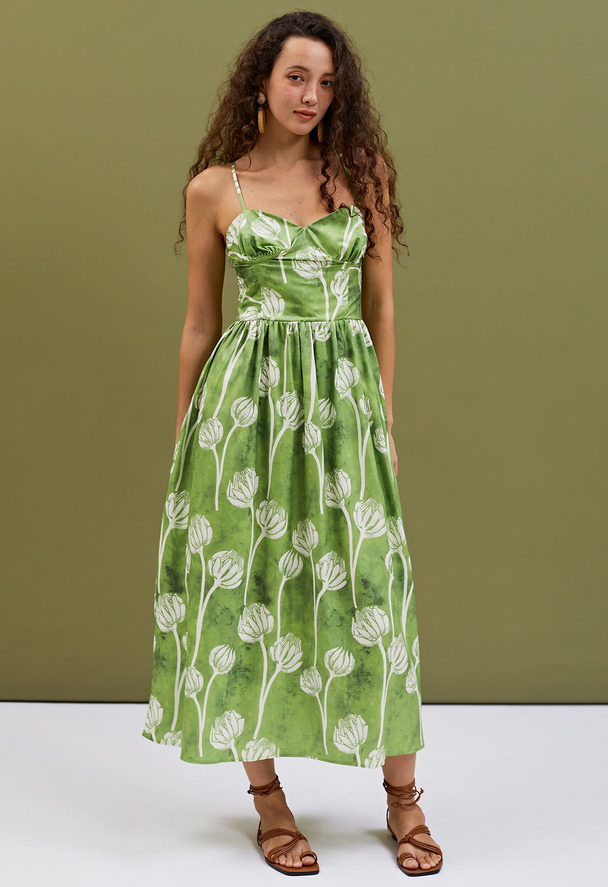 Green Twin Flower Buds Printed Cami Dress