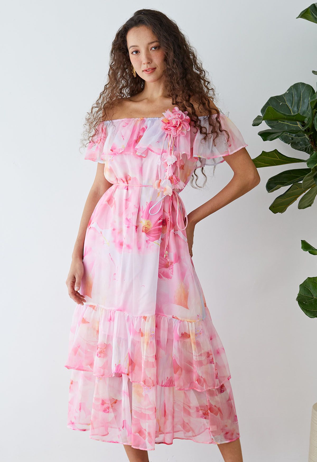 Floral Print Off-Shoulder Tiered Chiffon Dress in Pink