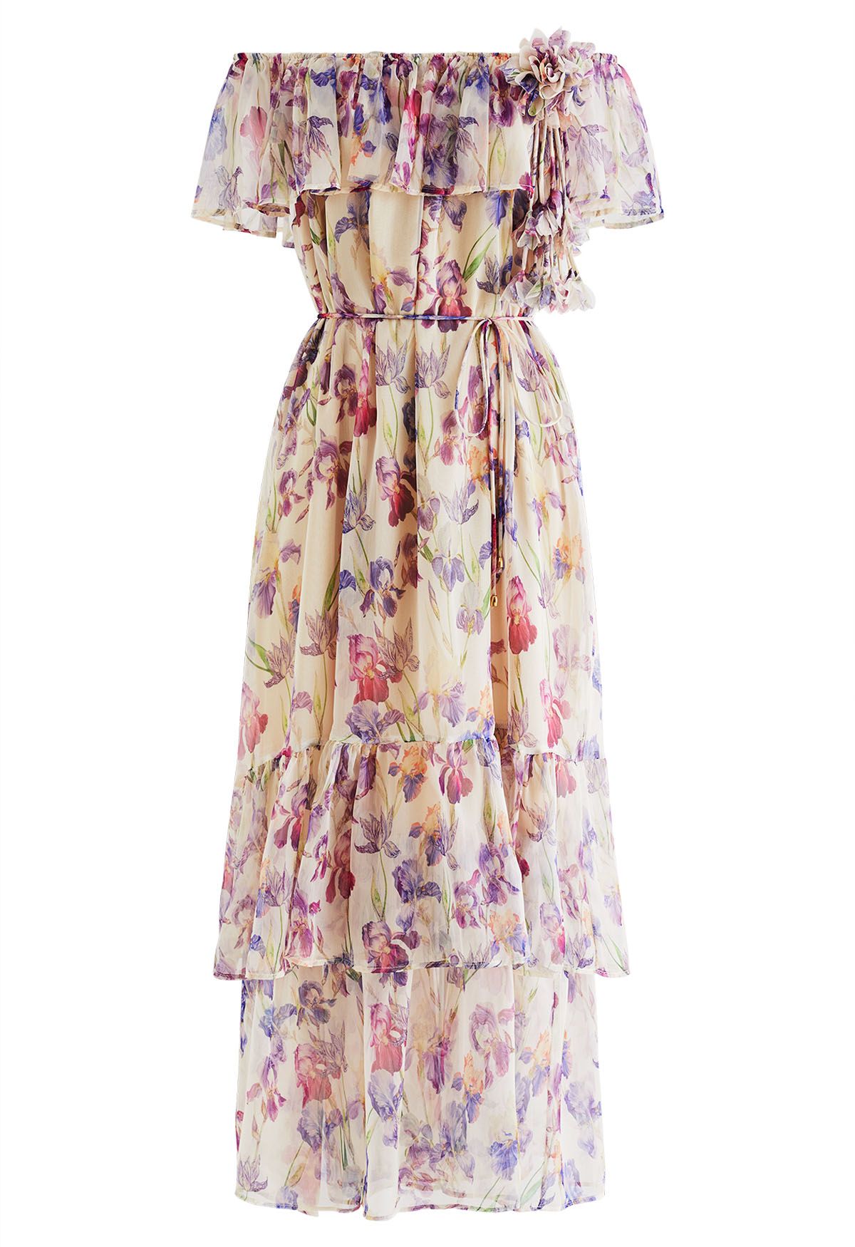 Floral Print Off-Shoulder Tiered Chiffon Dress in Lilac