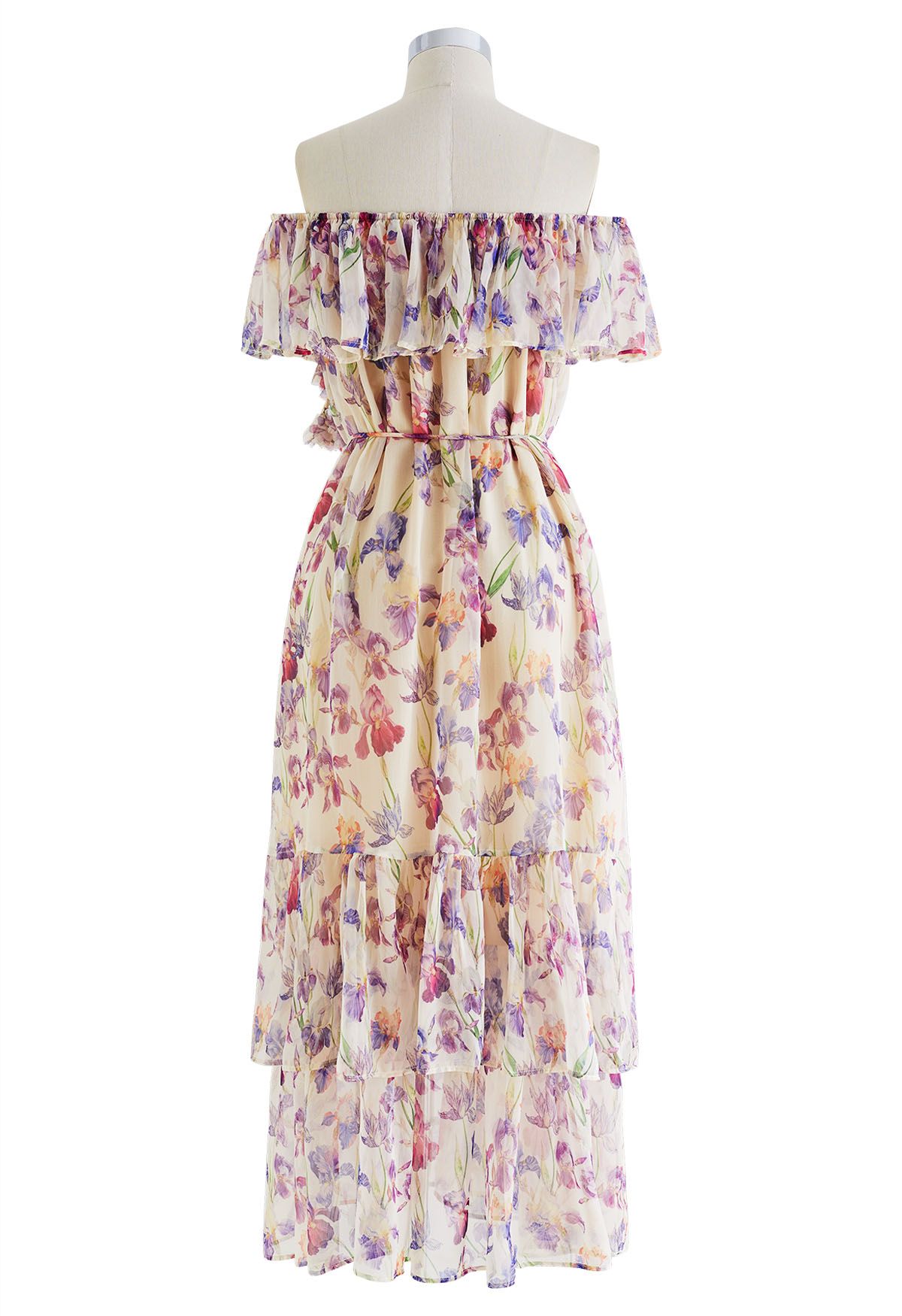 Floral Print Off-Shoulder Tiered Chiffon Dress in Lilac