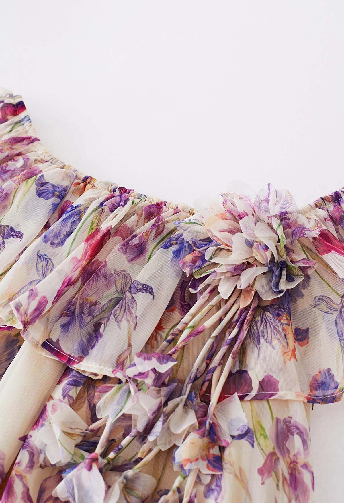 Floral Print Off-Shoulder Tiered Chiffon Dress in Lilac