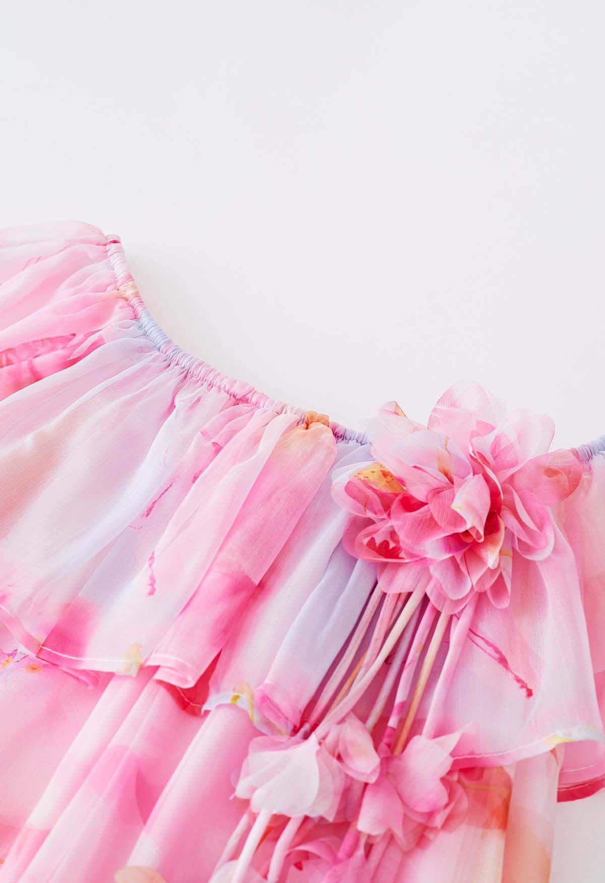 Floral Print Off-Shoulder Tiered Chiffon Dress in Pink