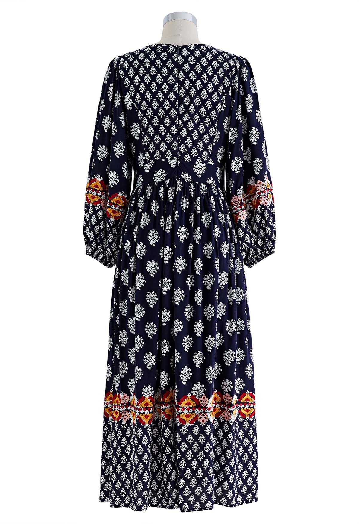 Bohemian Printed Elbow Sleeves Midi Dress