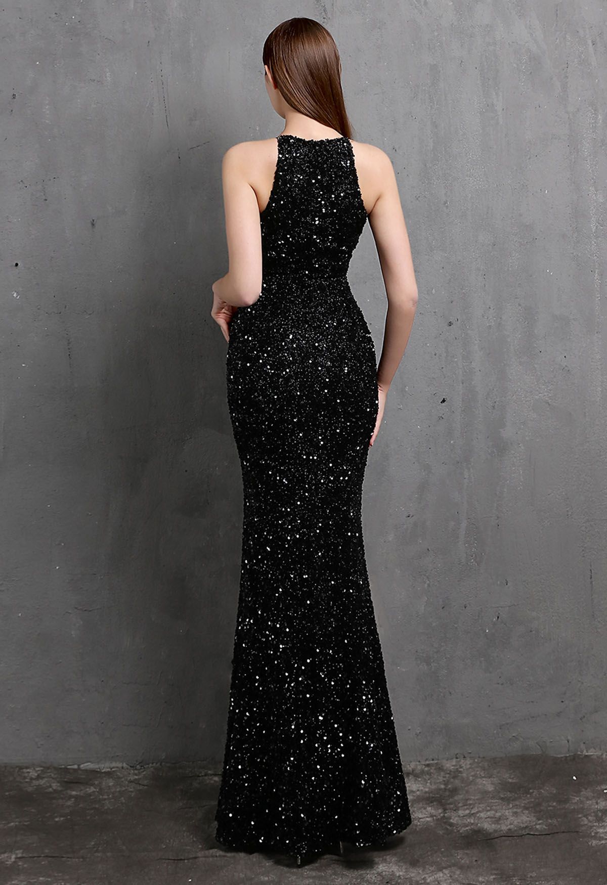 Halter Neck Cutout Sequined Slit Mermaid Gown in Black