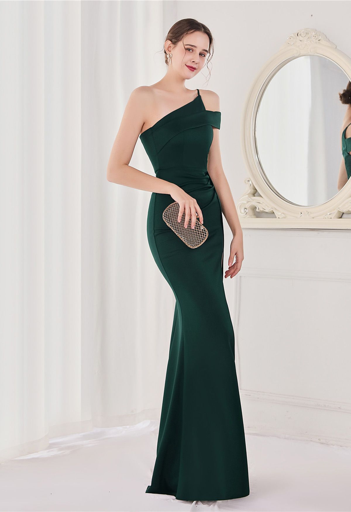 One-Shoulder High Slit Satin Mermaid Gown in Dark Green