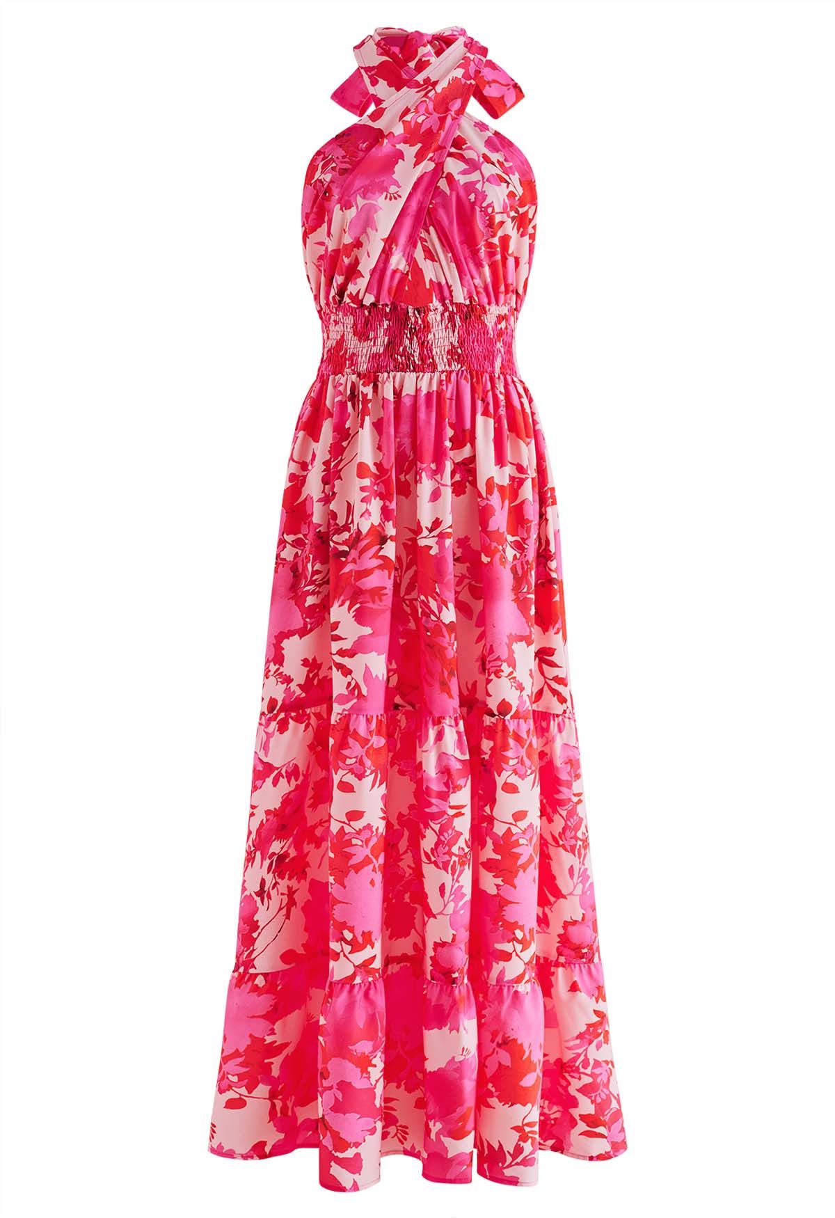 Hot Pink Floral Halter Maxi Dress