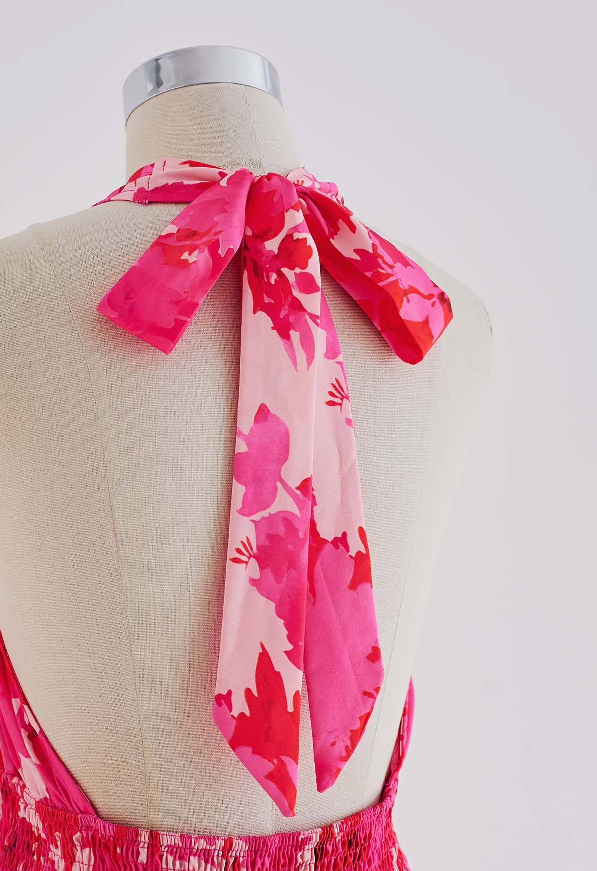 Hot Pink Floral Halter Maxi Dress