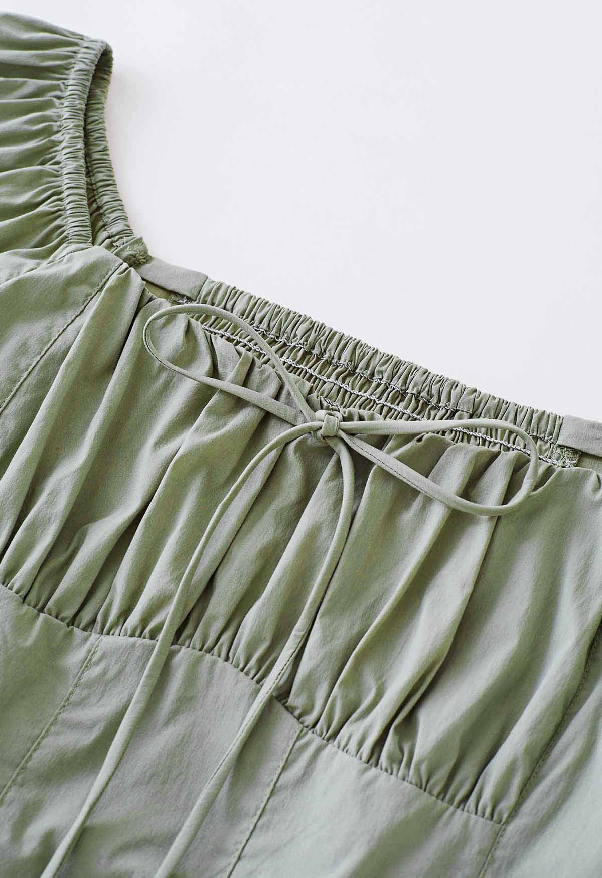 Off-Shoulder Tie-String Crop Top in Pea Green