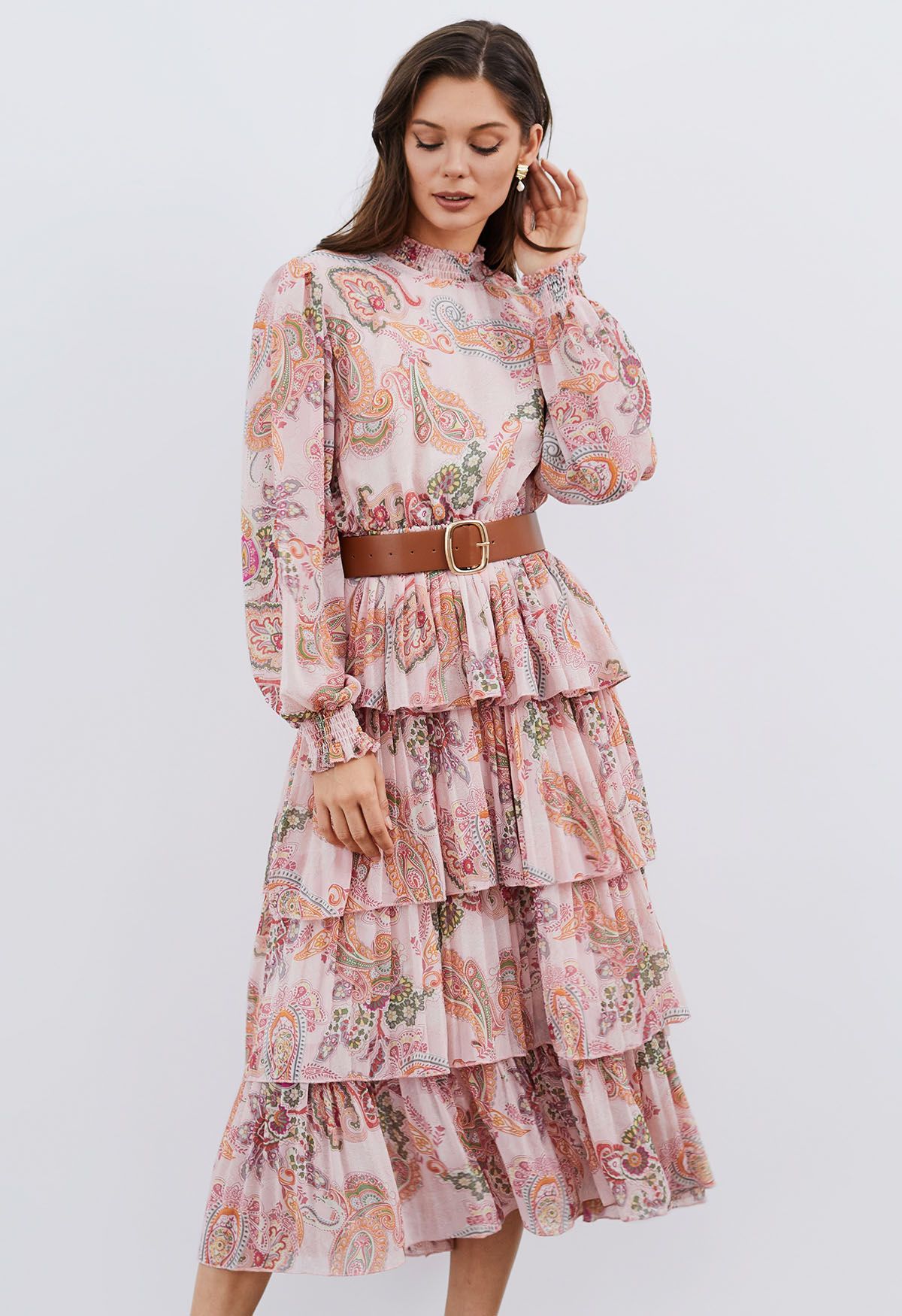 Paisley Printed Belted Tiered Chiffon Dress in Pink