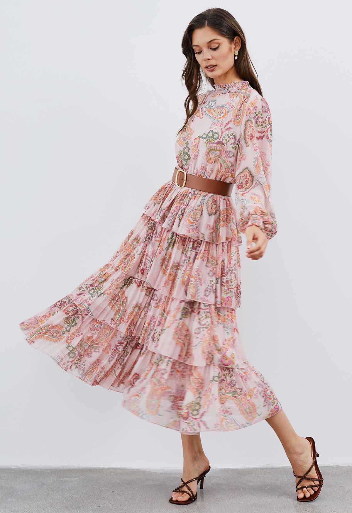 Paisley Printed Belted Tiered Chiffon Dress in Pink