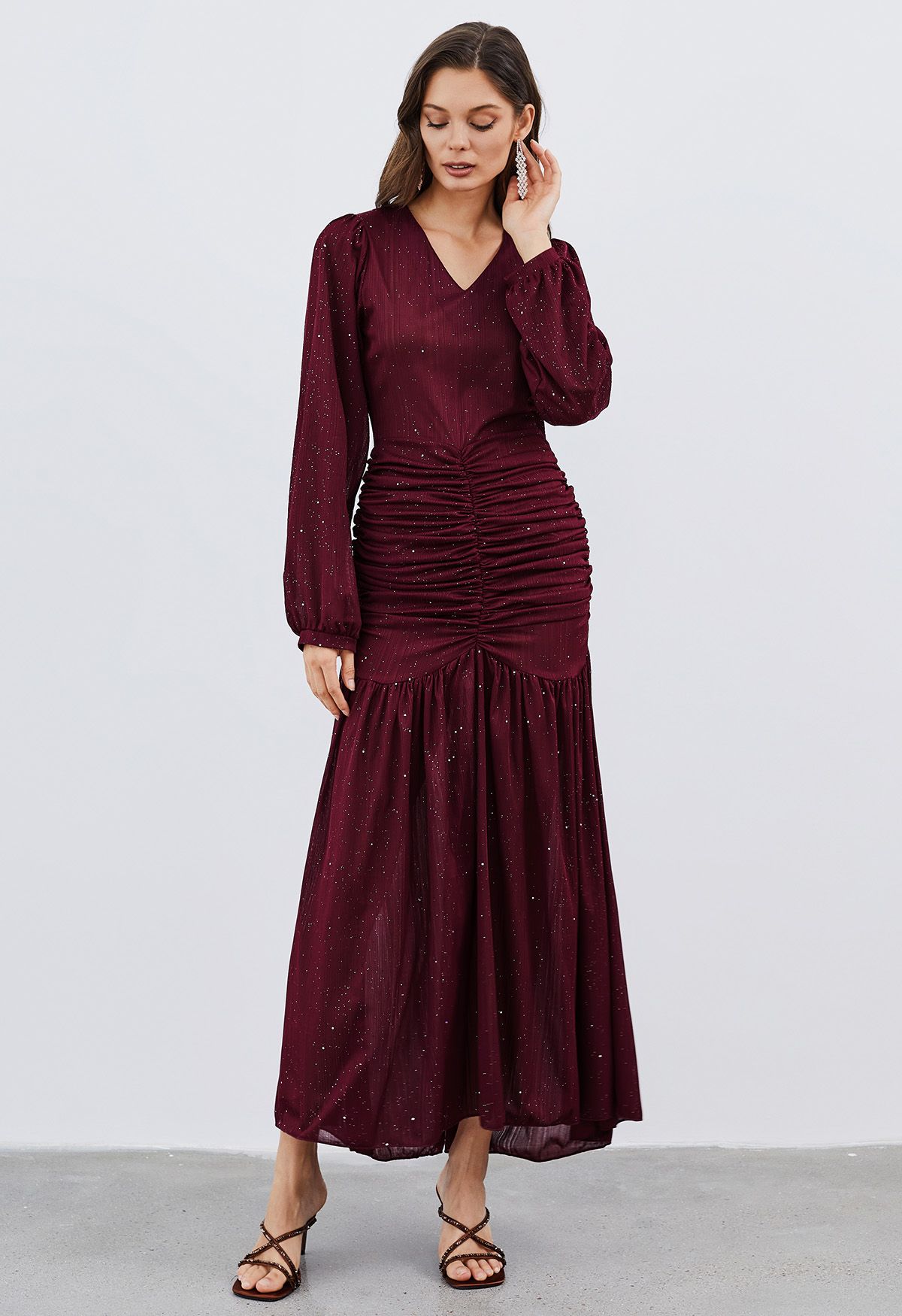 Glitter Ruched Frilling Maxi Dress in Burgundy