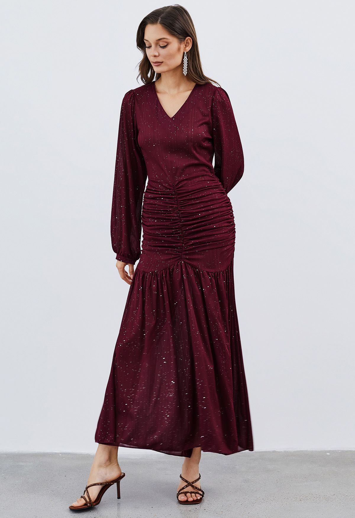 Glitter Ruched Frilling Maxi Dress in Burgundy