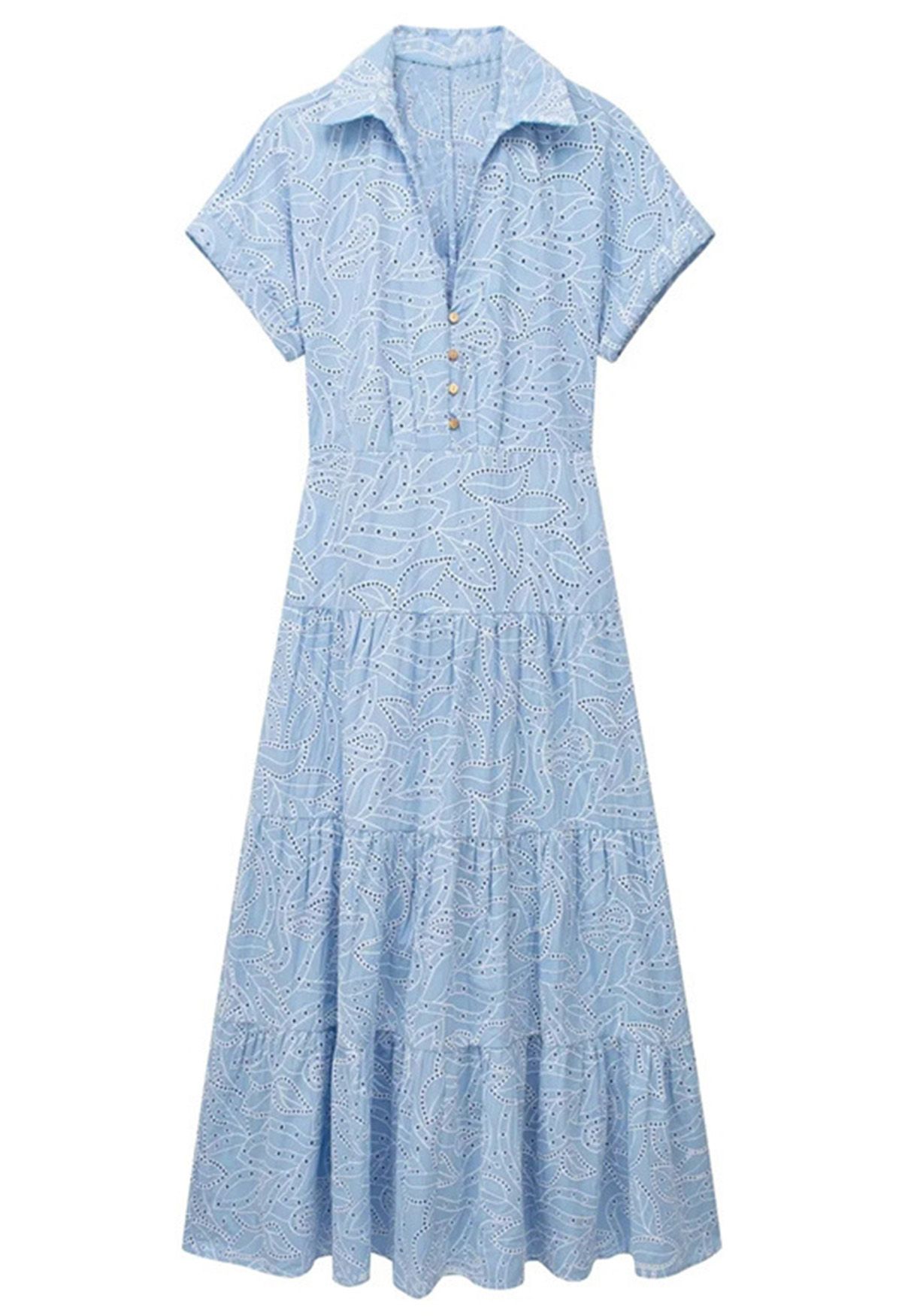 Cutout Back Embroidered Eyelet Shirt Dress