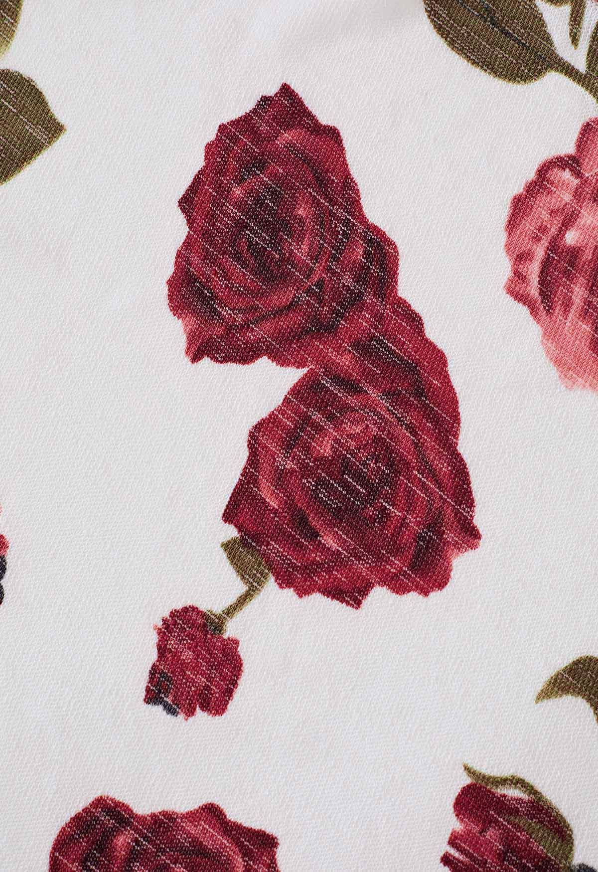 Watercolor Rose Print Wrap Crop Top in White