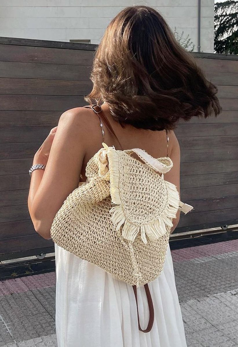 Fringed Trim Woven Straw Backpack in Cream