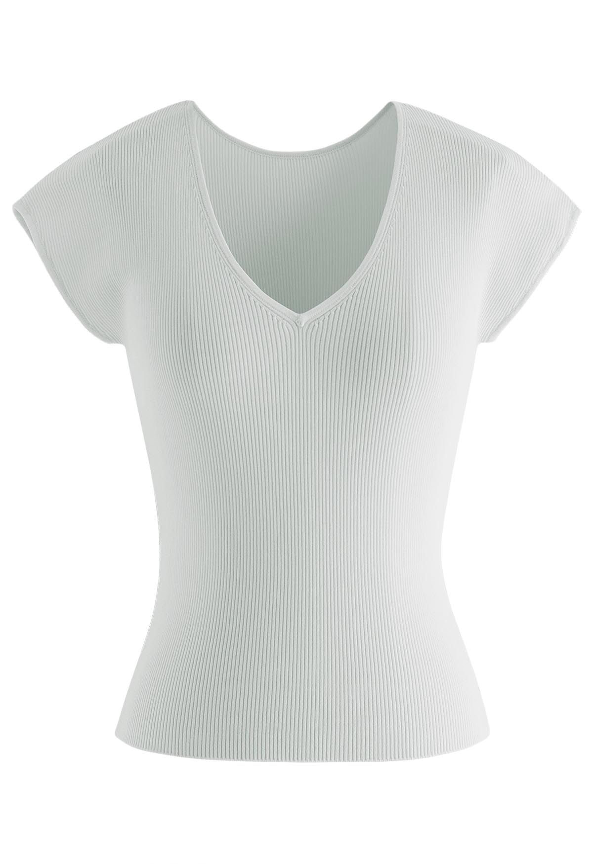 V-Neck Fitted Rib Knit Top in Ivory
