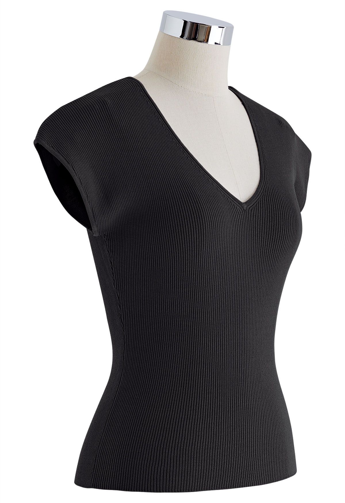 V-Neck Fitted Rib Knit Top in Black