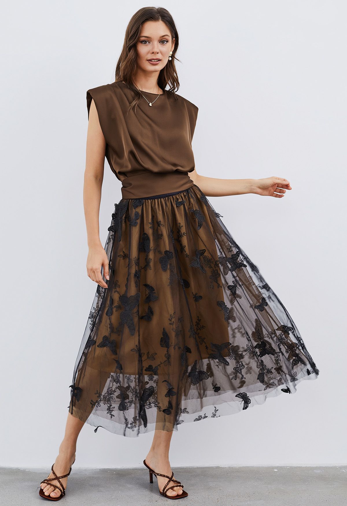 3D Butterfly Double-Layered Mesh Midi Skirt in Tan