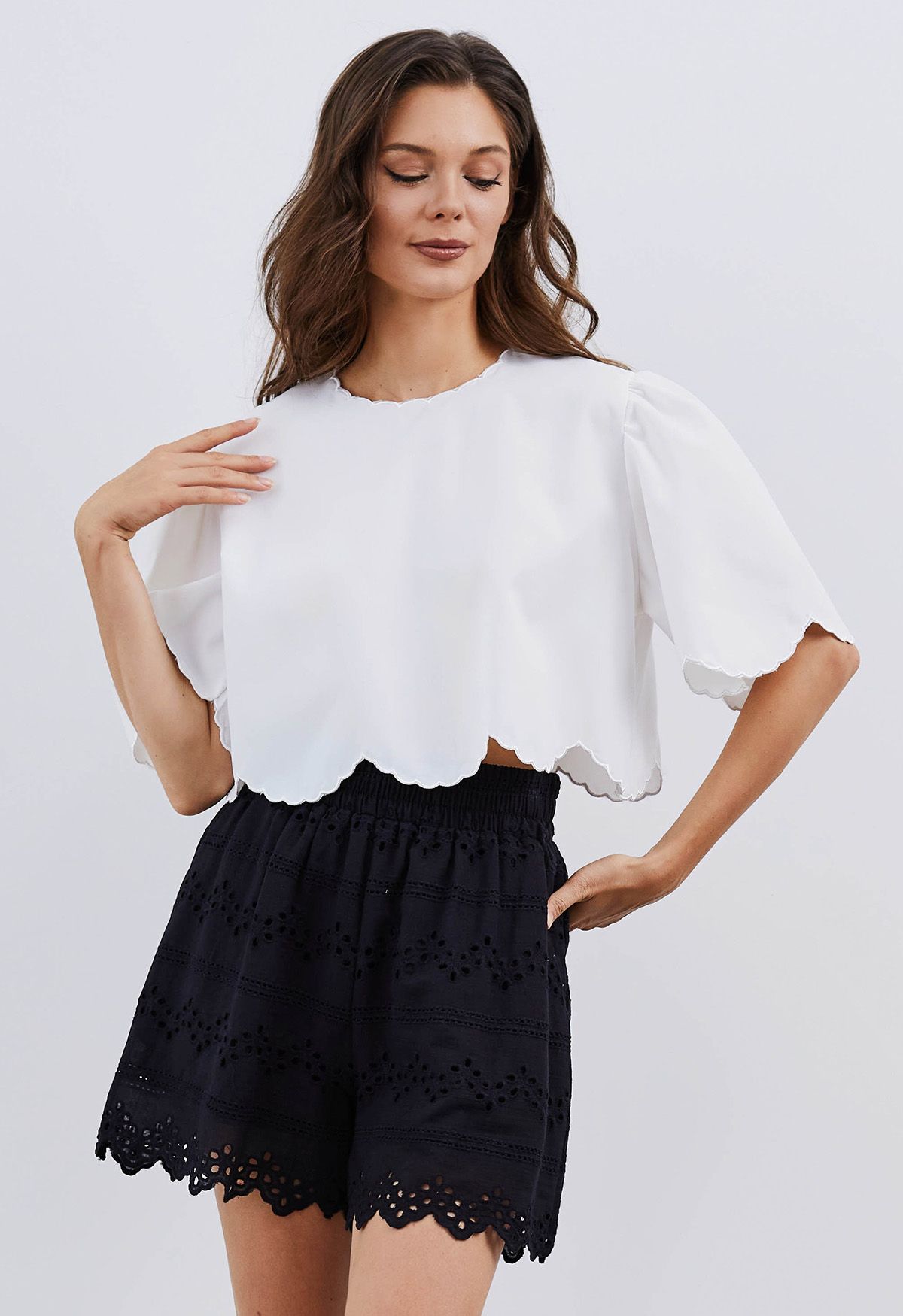 Scalloped Edge Crop Top in White