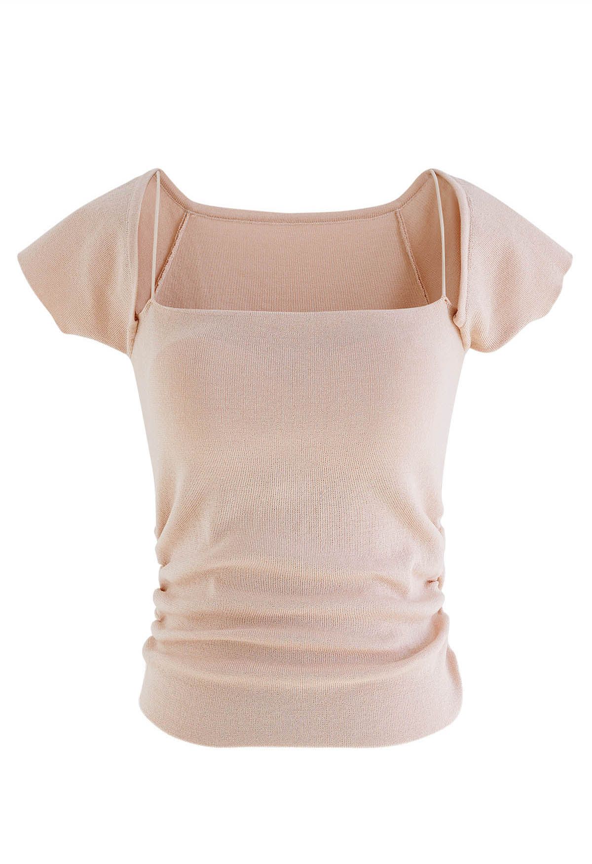 Side Ruched Square Neck Knit Top in Pink