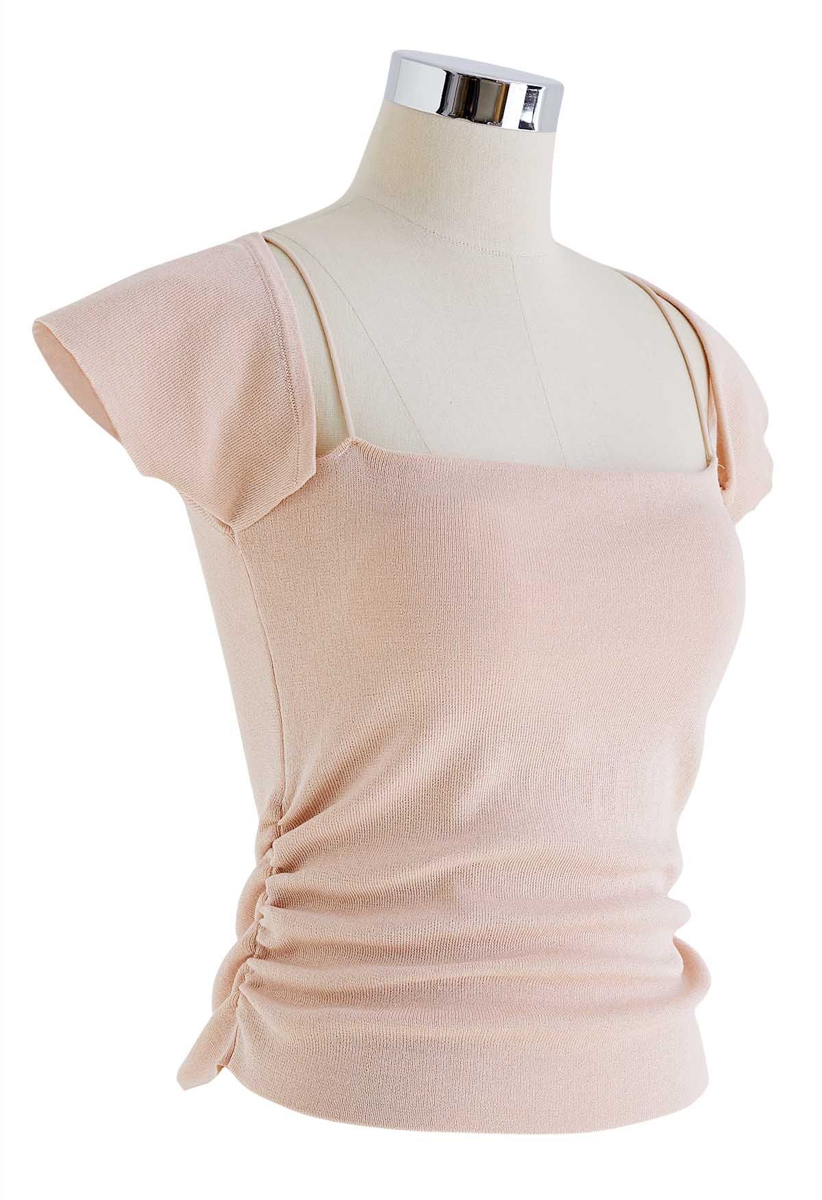 Side Ruched Square Neck Knit Top in Pink