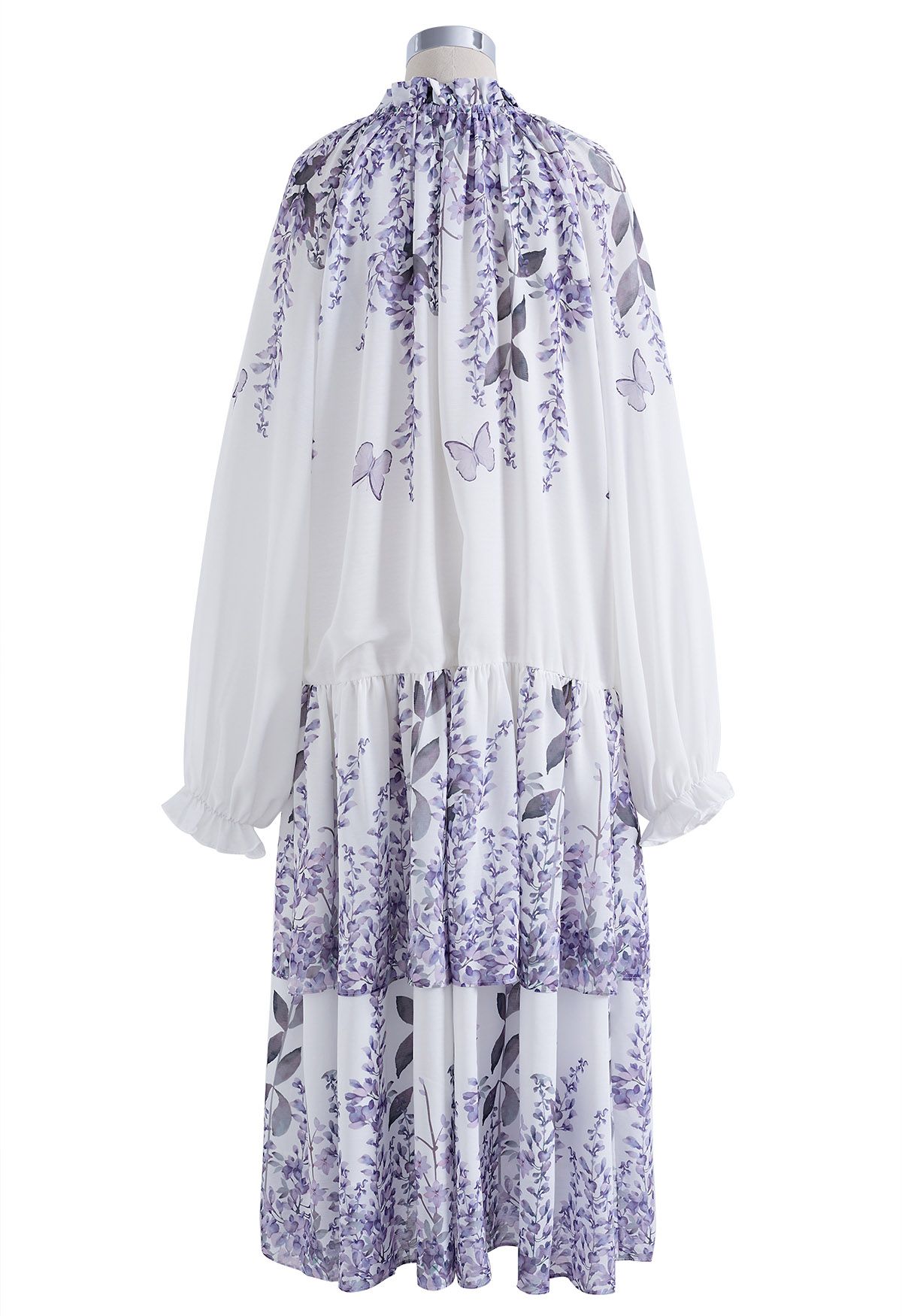 Lavender Print Bubble Sleeve Tiered Dress