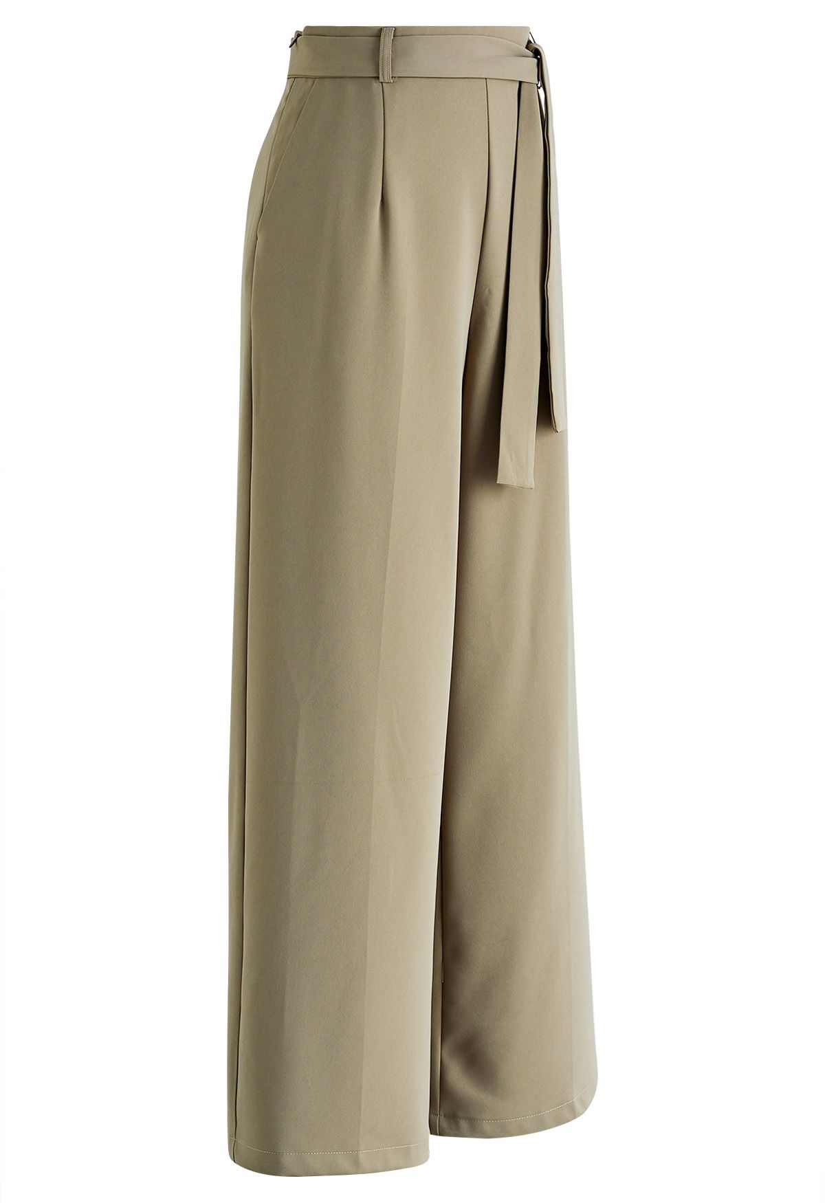 Side-Zip Belted Straight-Leg Pants in Khaki