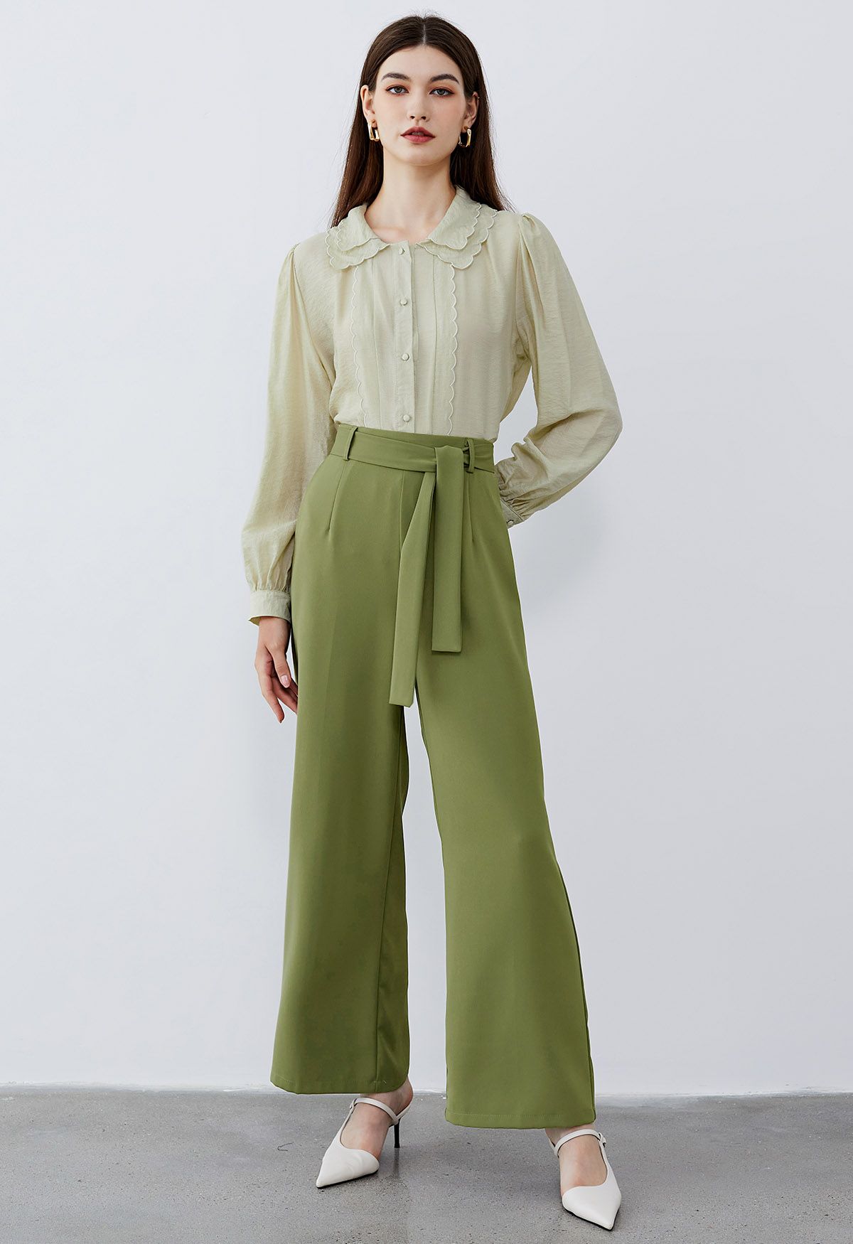 Side-Zip Belted Straight-Leg Pants in Lime