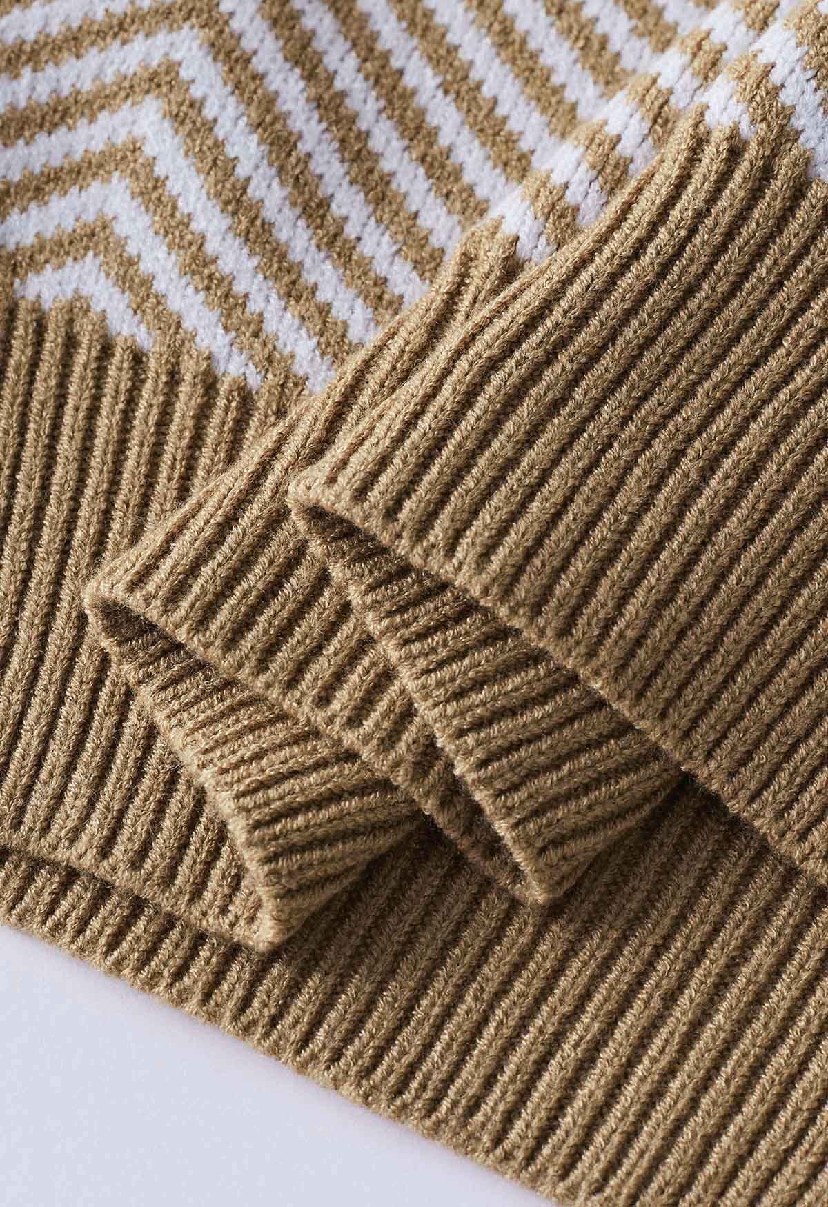 Zigzag Stripe Pattern Buttoned Knit Cardigan in Camel