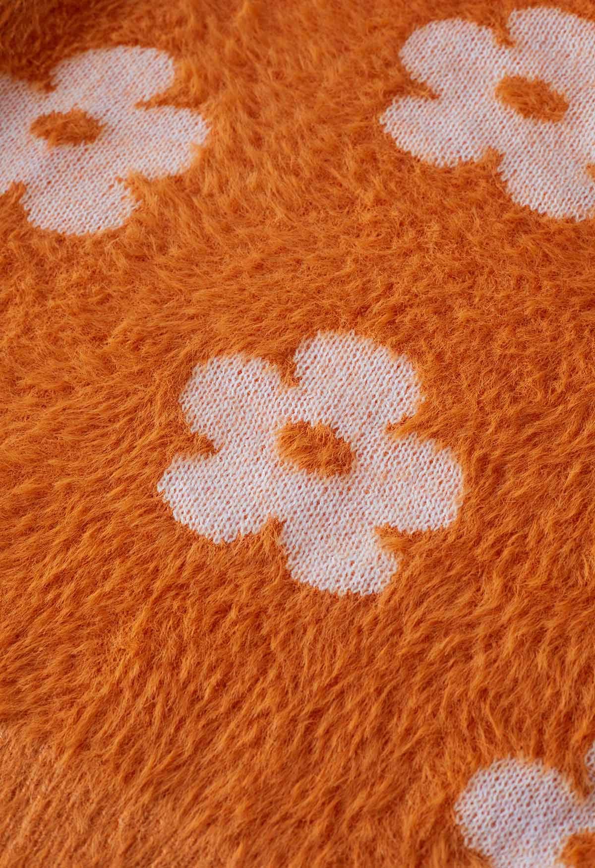 Cuteness Flowers Fuzzy Knit Cardigan in Orange