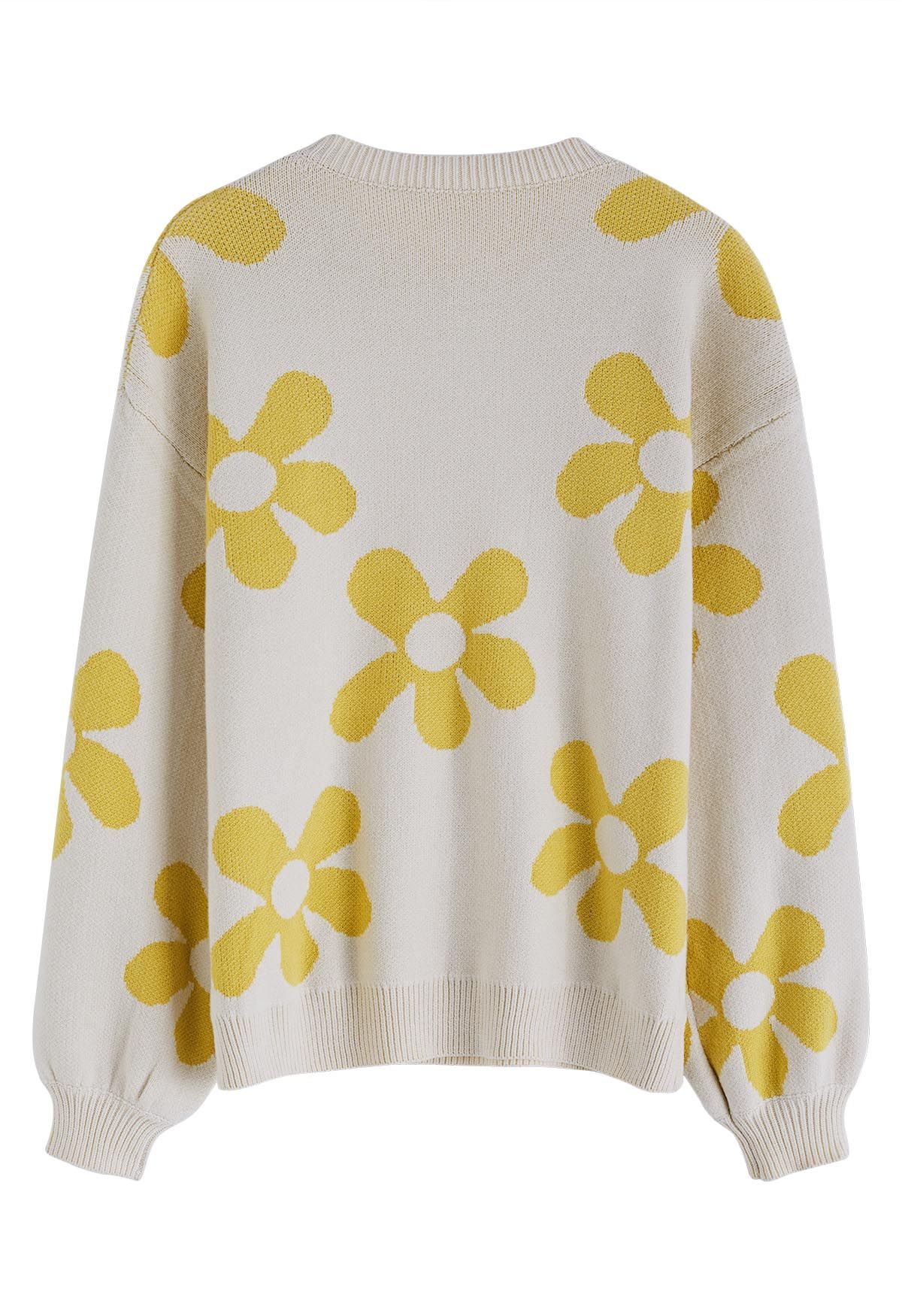 Cuteness Flowers Boxy Round Neck Knit Sweater in Cream