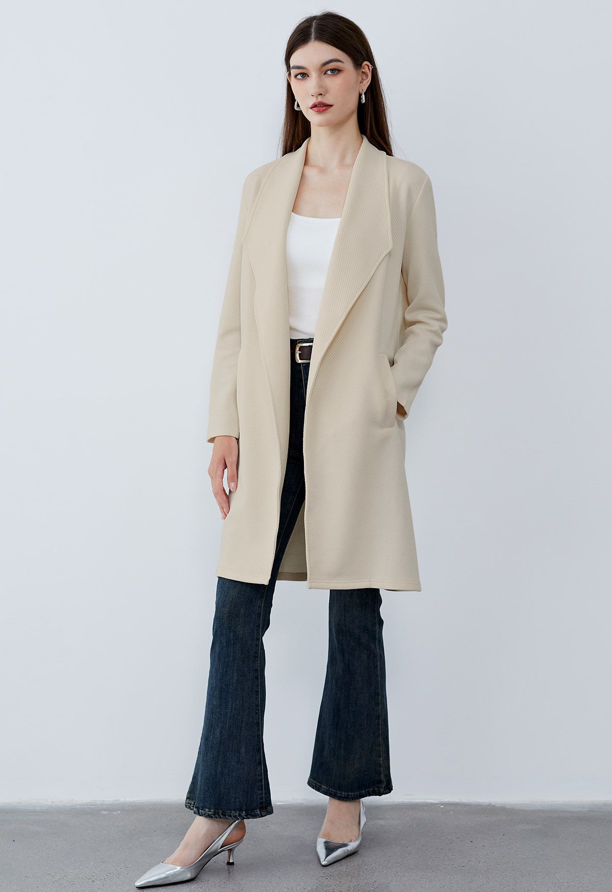 Lapel Open Front Quilted Cotton-Blend Coat in Oatmeal