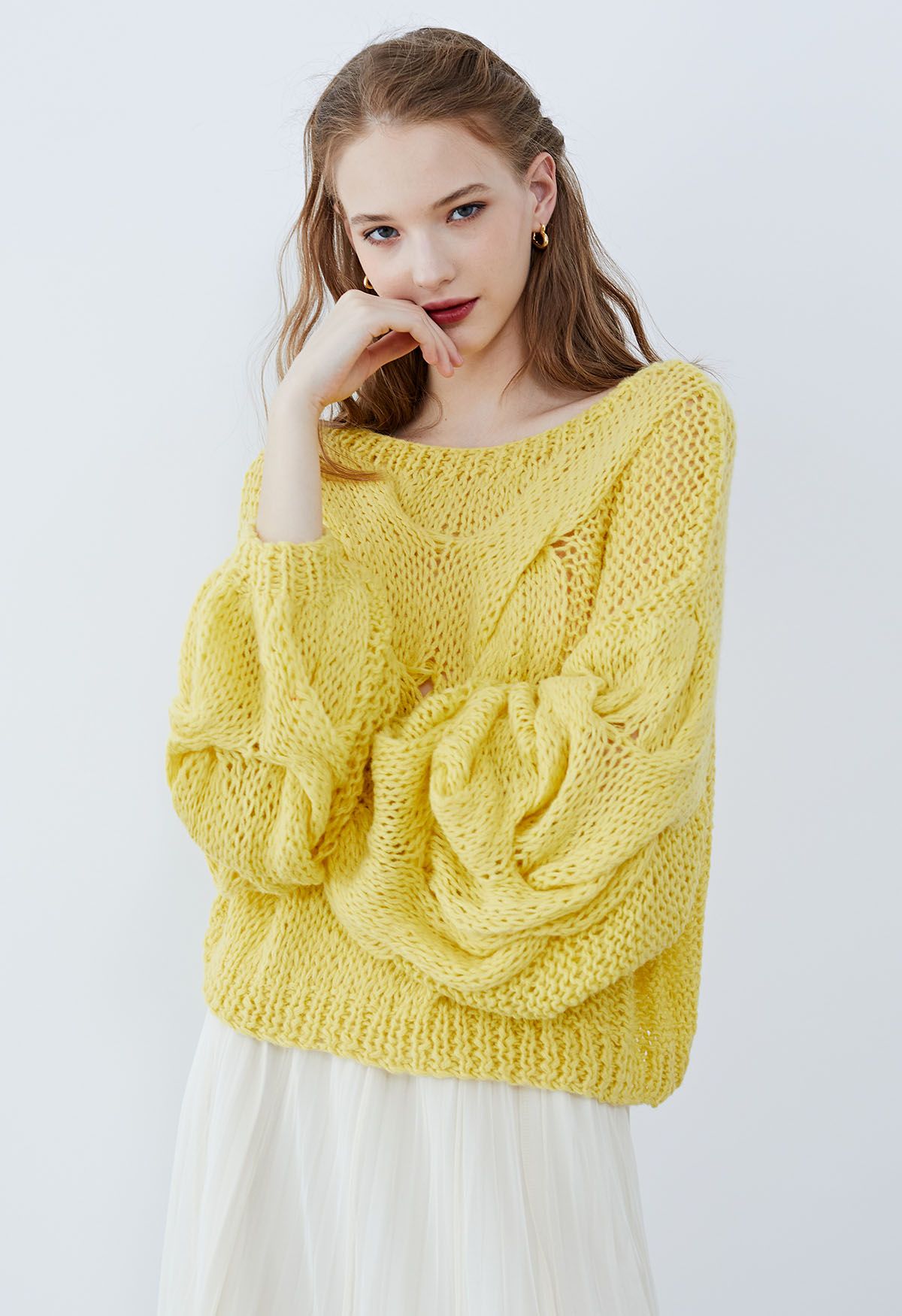 Hand-Knit Puff Sleeves Sweater in Yellow