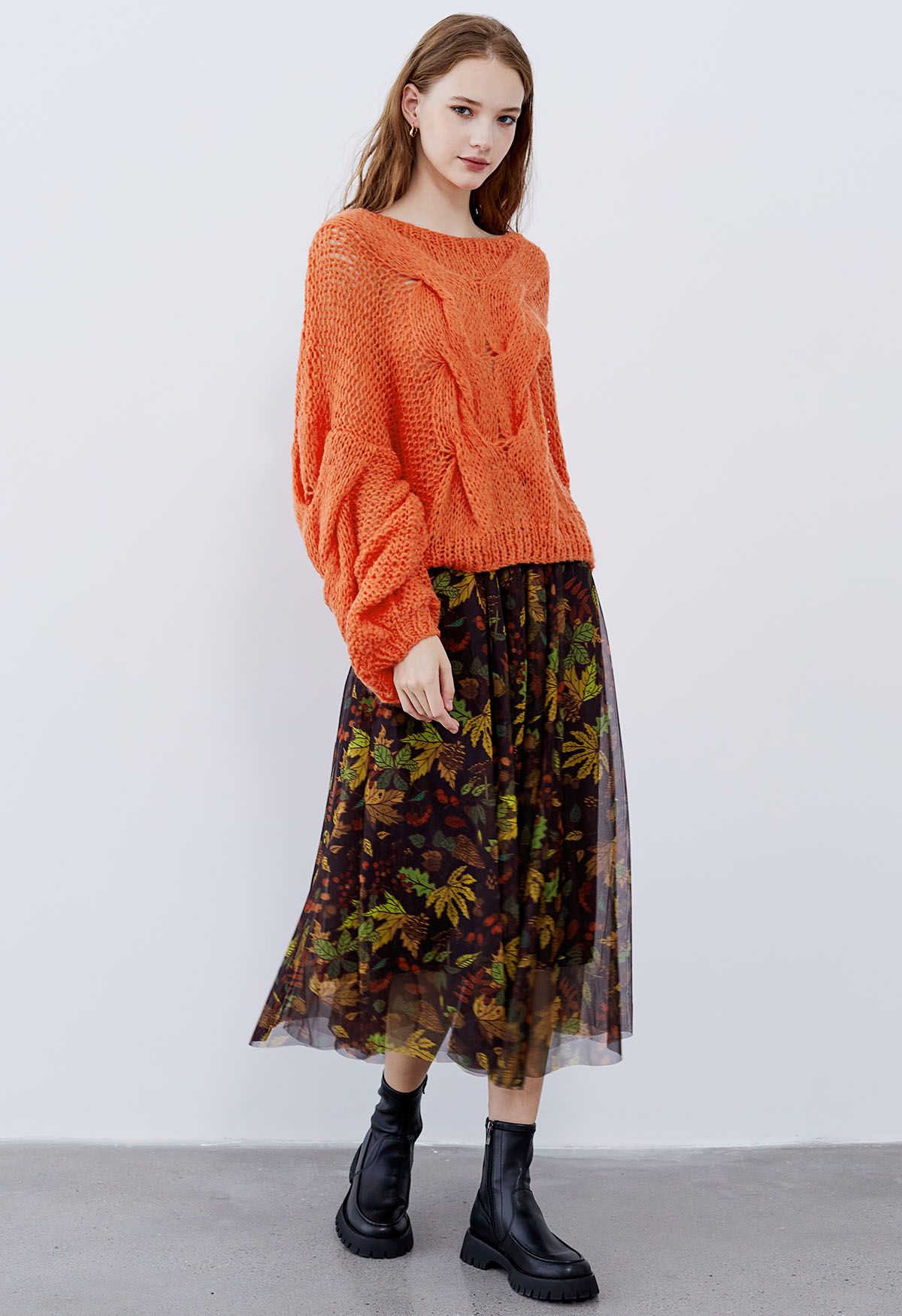 Hand-Knit Puff Sleeves Sweater in Orange