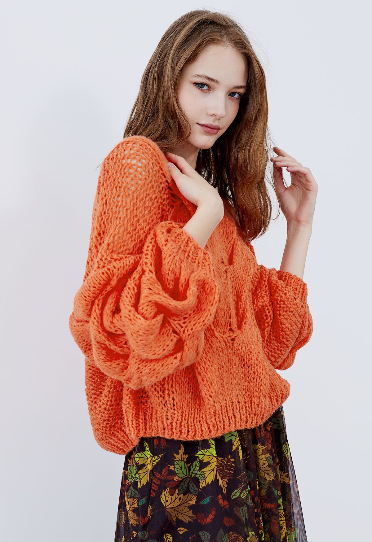 Hand-Knit Puff Sleeves Sweater in Orange