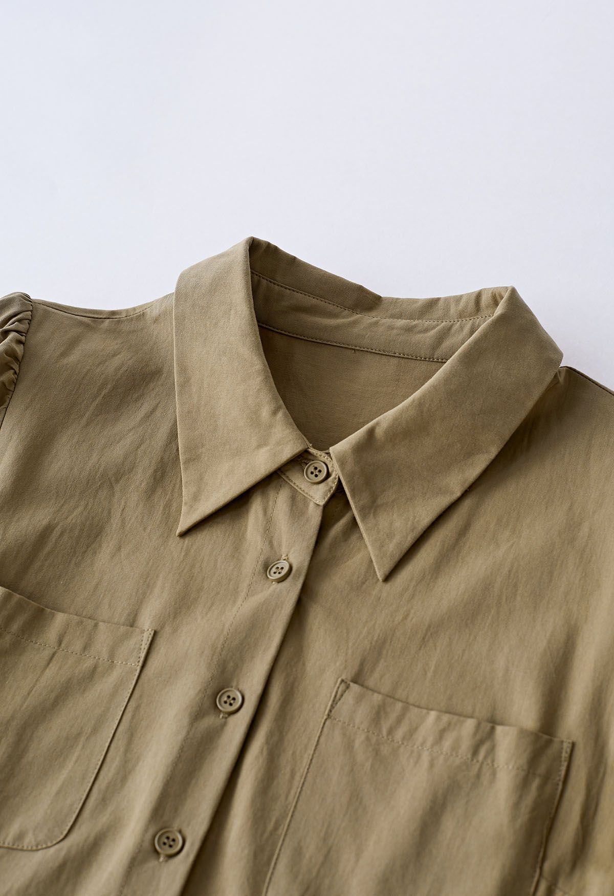 Patch Pocket Belted Cotton Shirt Dress in Khaki