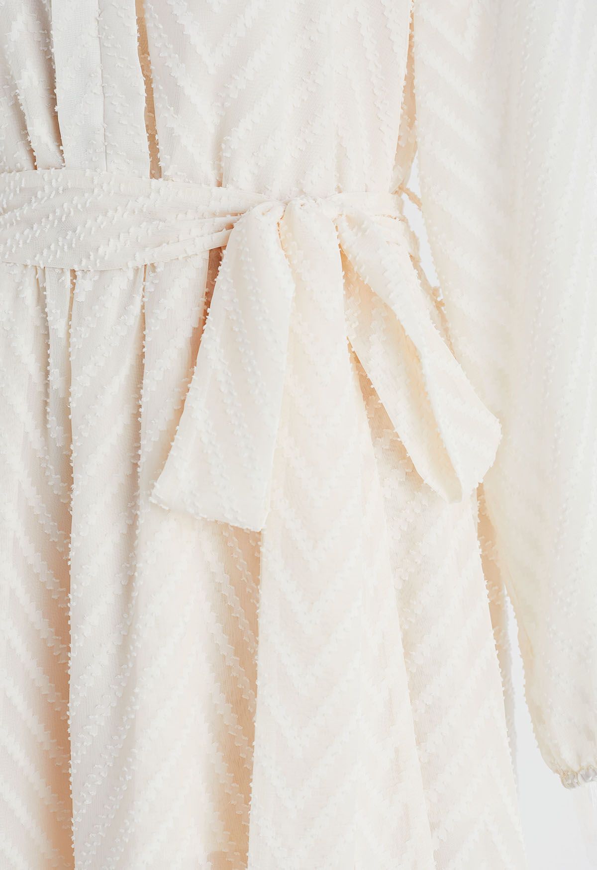 Zigzag Flock Dot Tie Waist Midi Dress in Cream