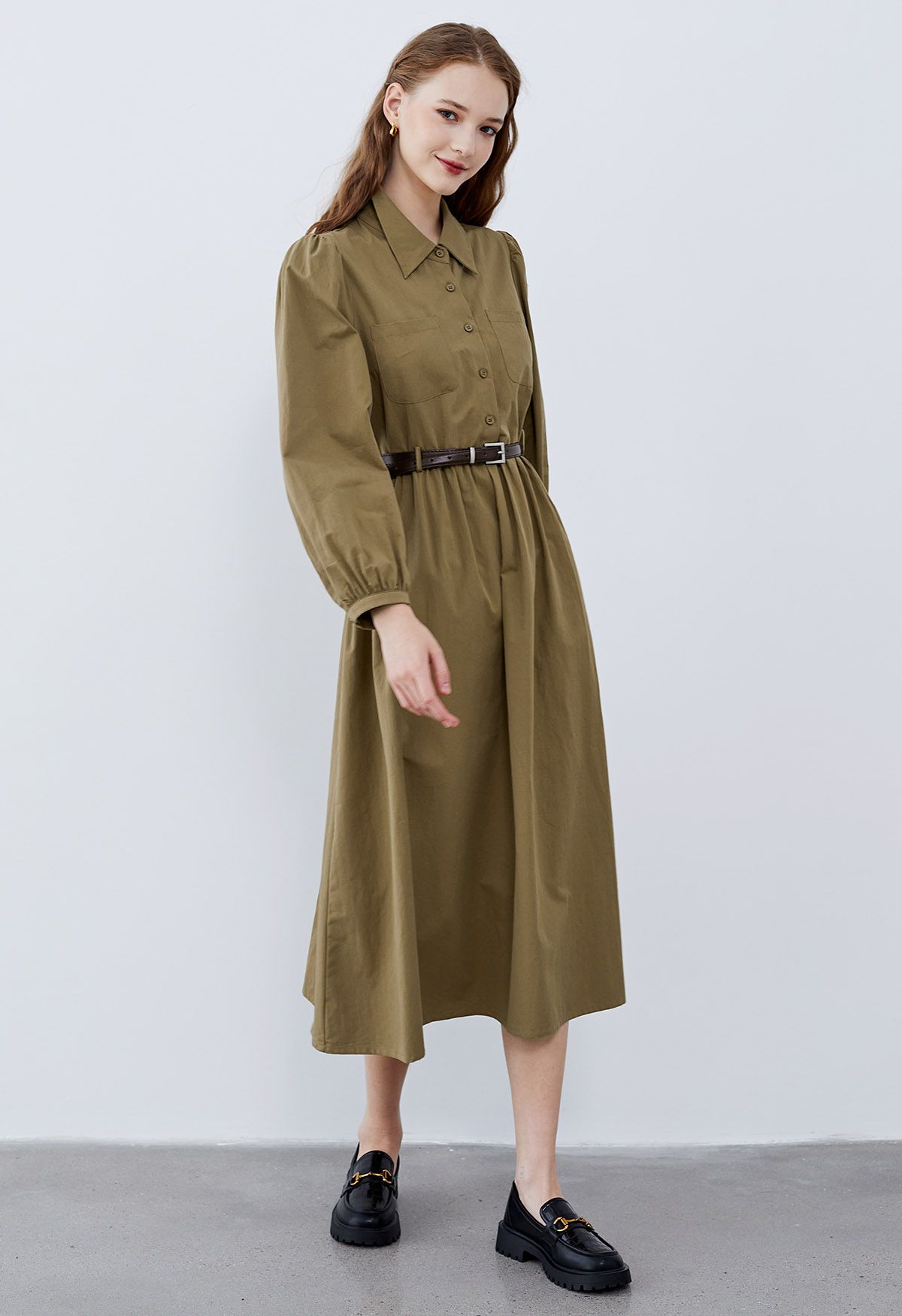 Patch Pocket Belted Cotton Shirt Dress in Khaki