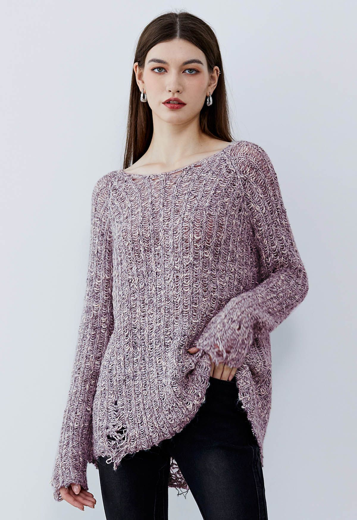 Raw Cut Edge Rip Knit Sweater in Plum