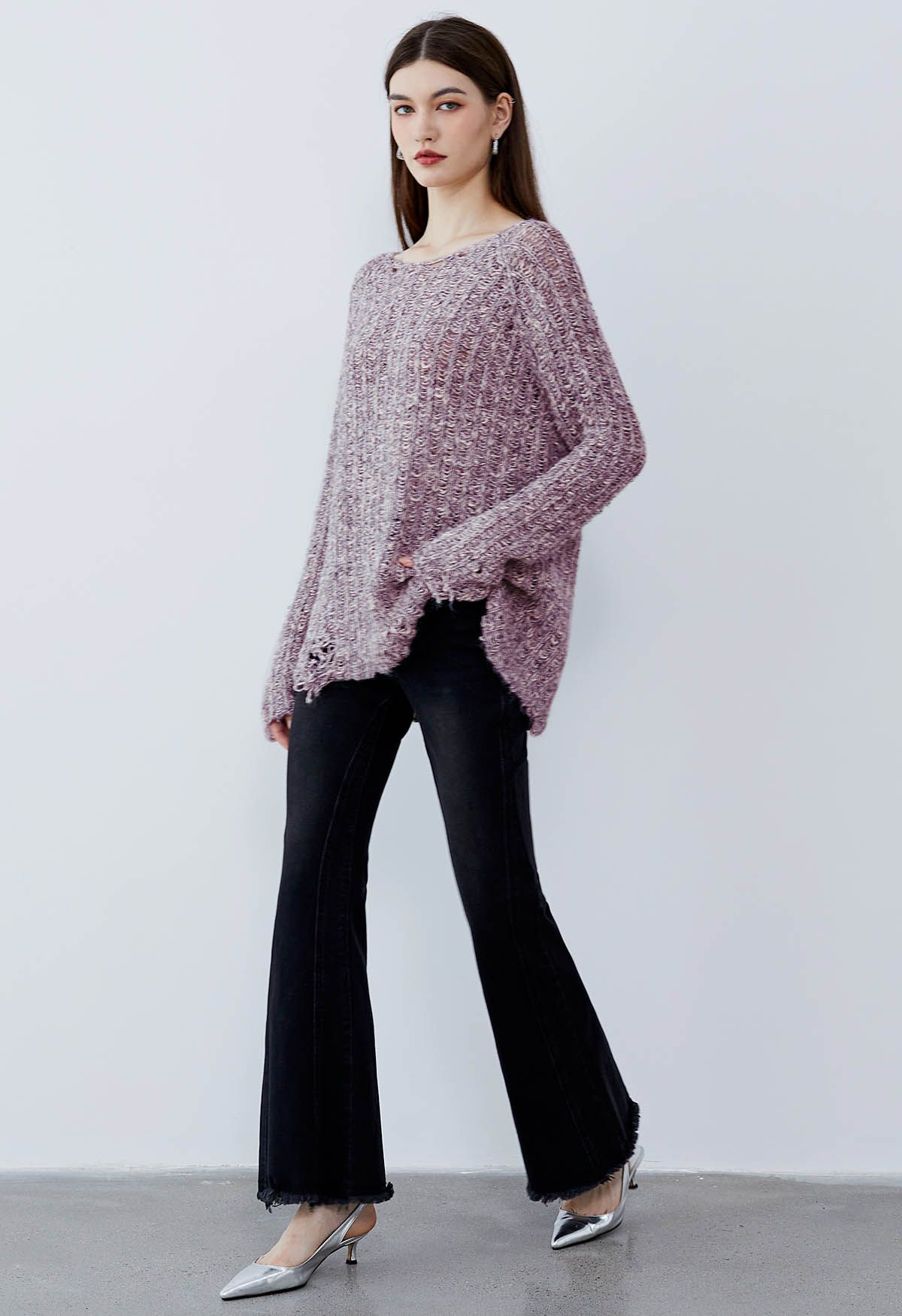 Raw Cut Edge Rip Knit Sweater in Plum