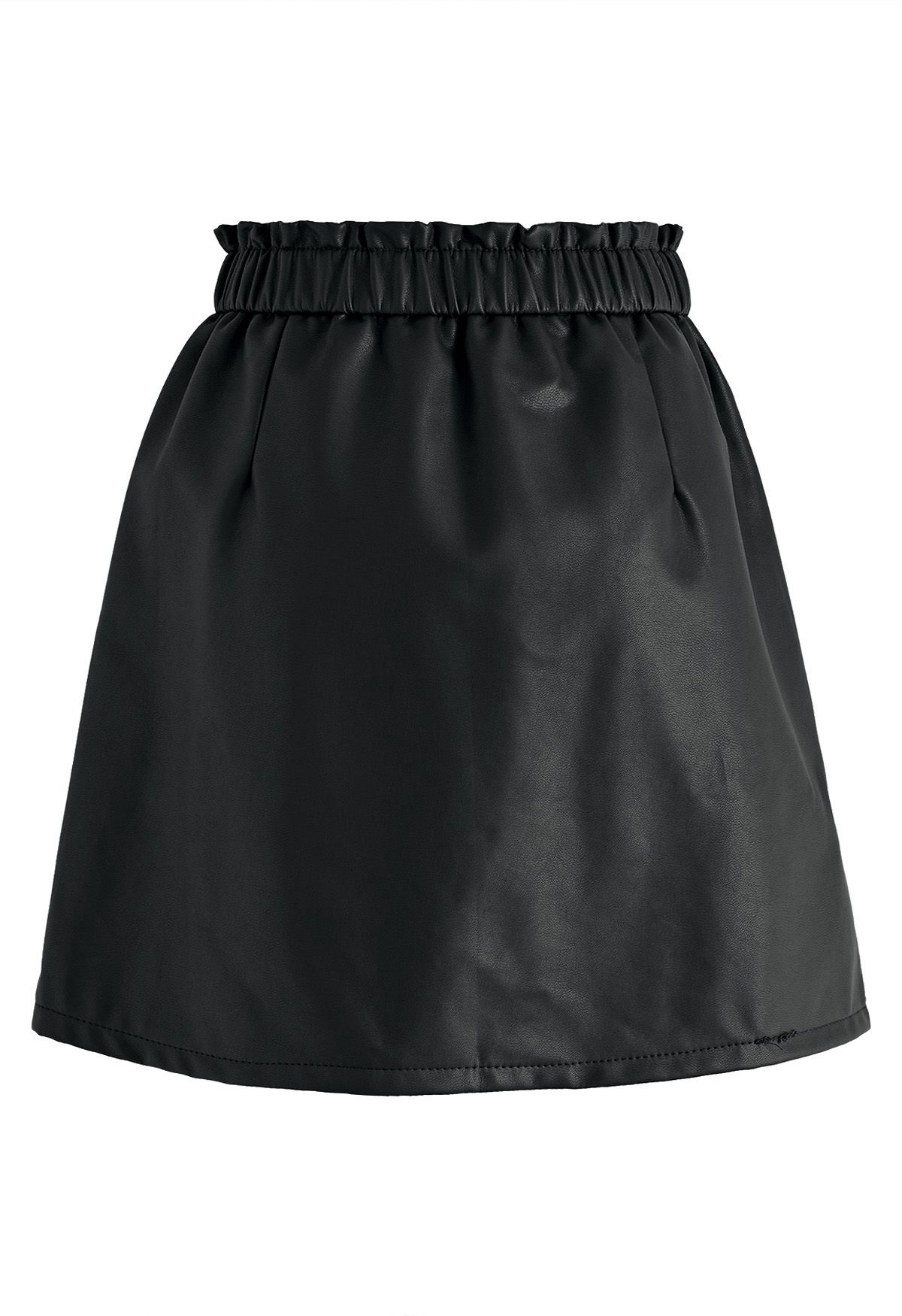 Elastic Waist Faux Leather Mini Skirt in Black