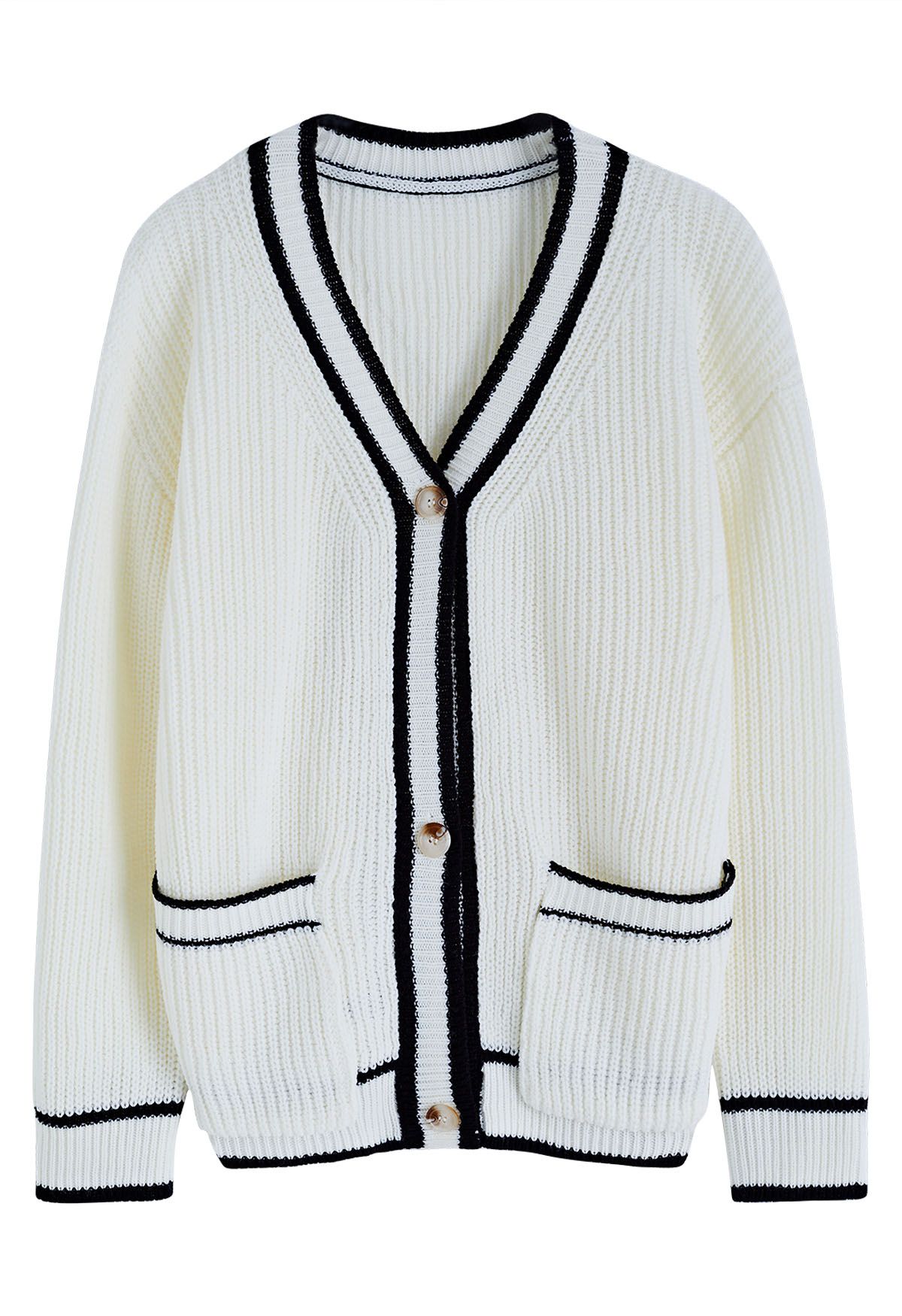 Contrast Line Patch Pocket Waffle Knit Cardigan in White