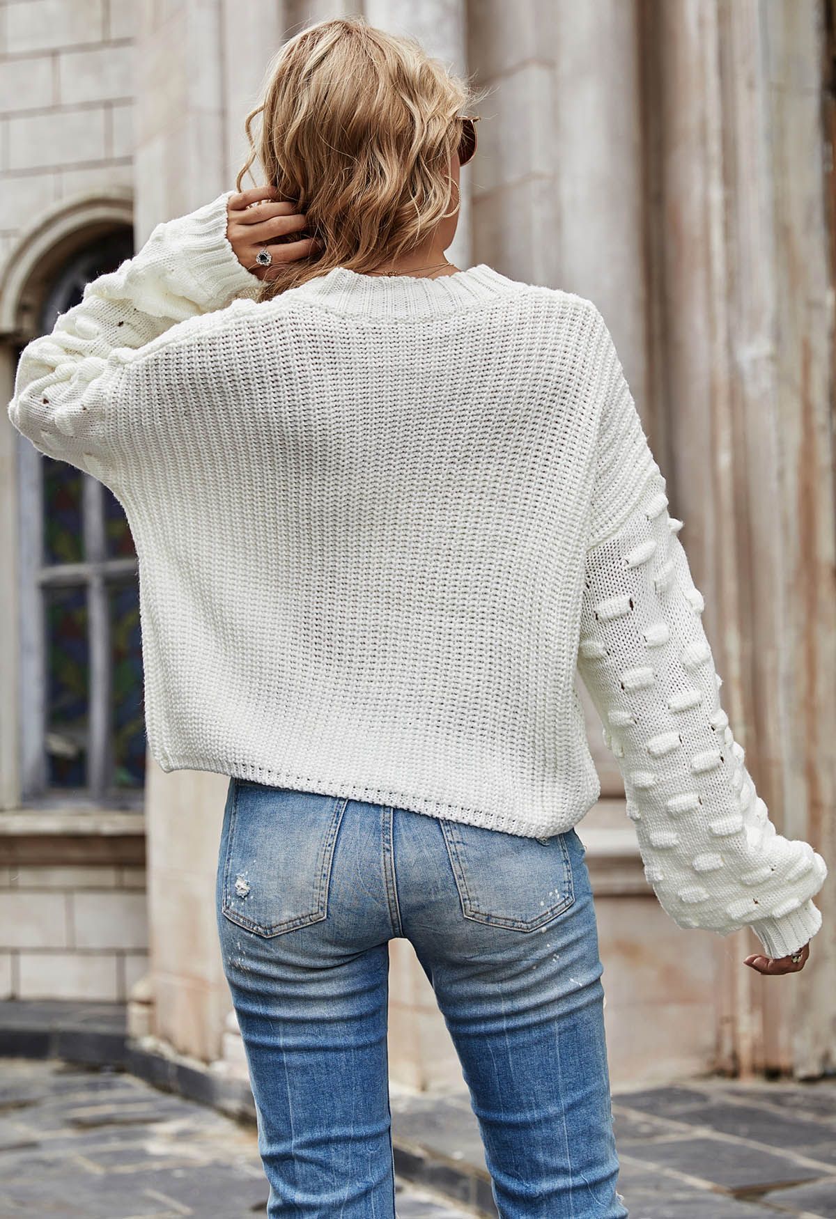 Playful Dotted Puff Sleeve Crop Sweater in White