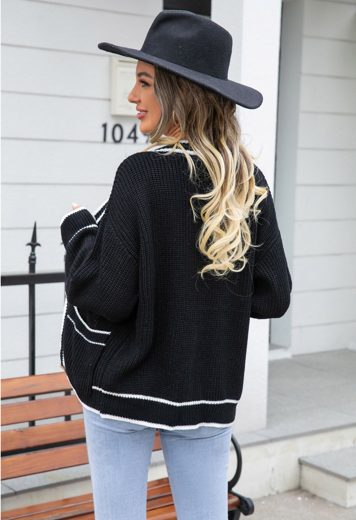 Contrast Line Patch Pocket Waffle Knit Cardigan in Black